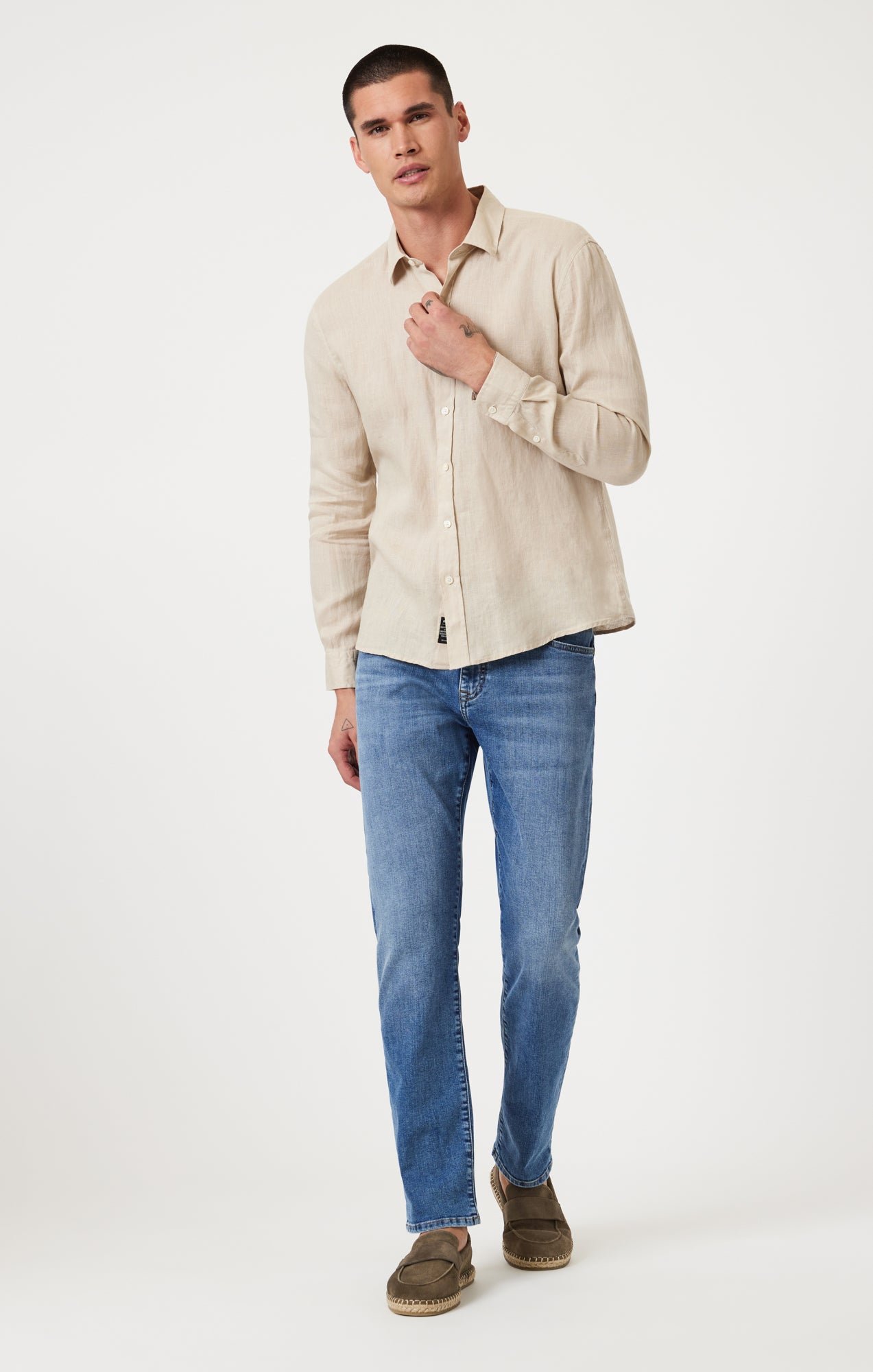 LINEN LONG SLEEVE BUTTON-UP SHIRT IN FEATHER GRAY - Mavi Jeans