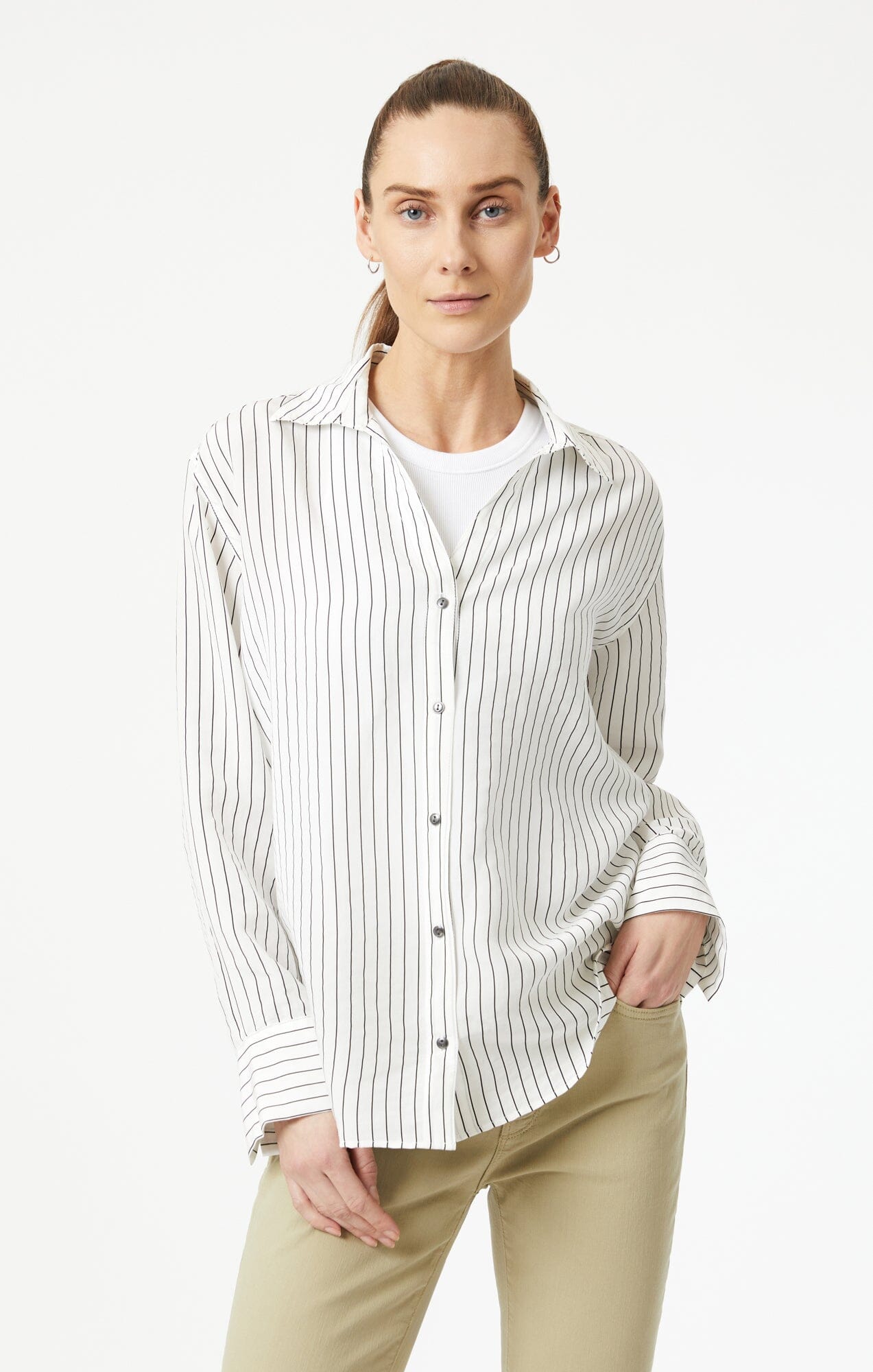 Mavi Women's Button-Up Long Sleeve Shirt In Black Stripe Mavi Women's Button-Up Long Sleeve Shirt In Black Stripe