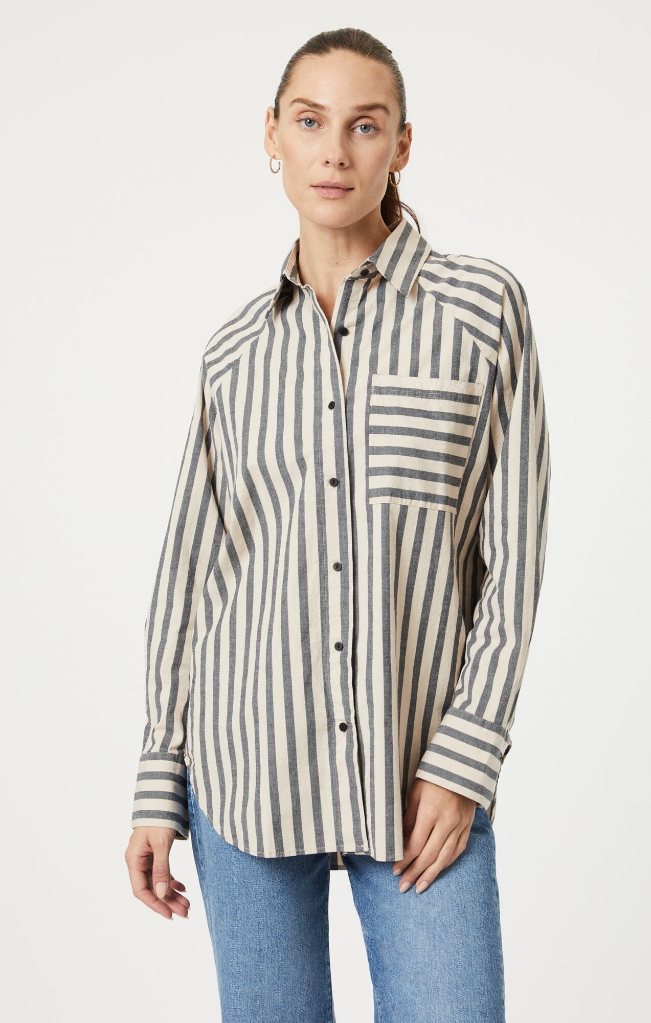 Mavi Women's Button-Up Long Sleeve Shirt In Beige Bold Stripe