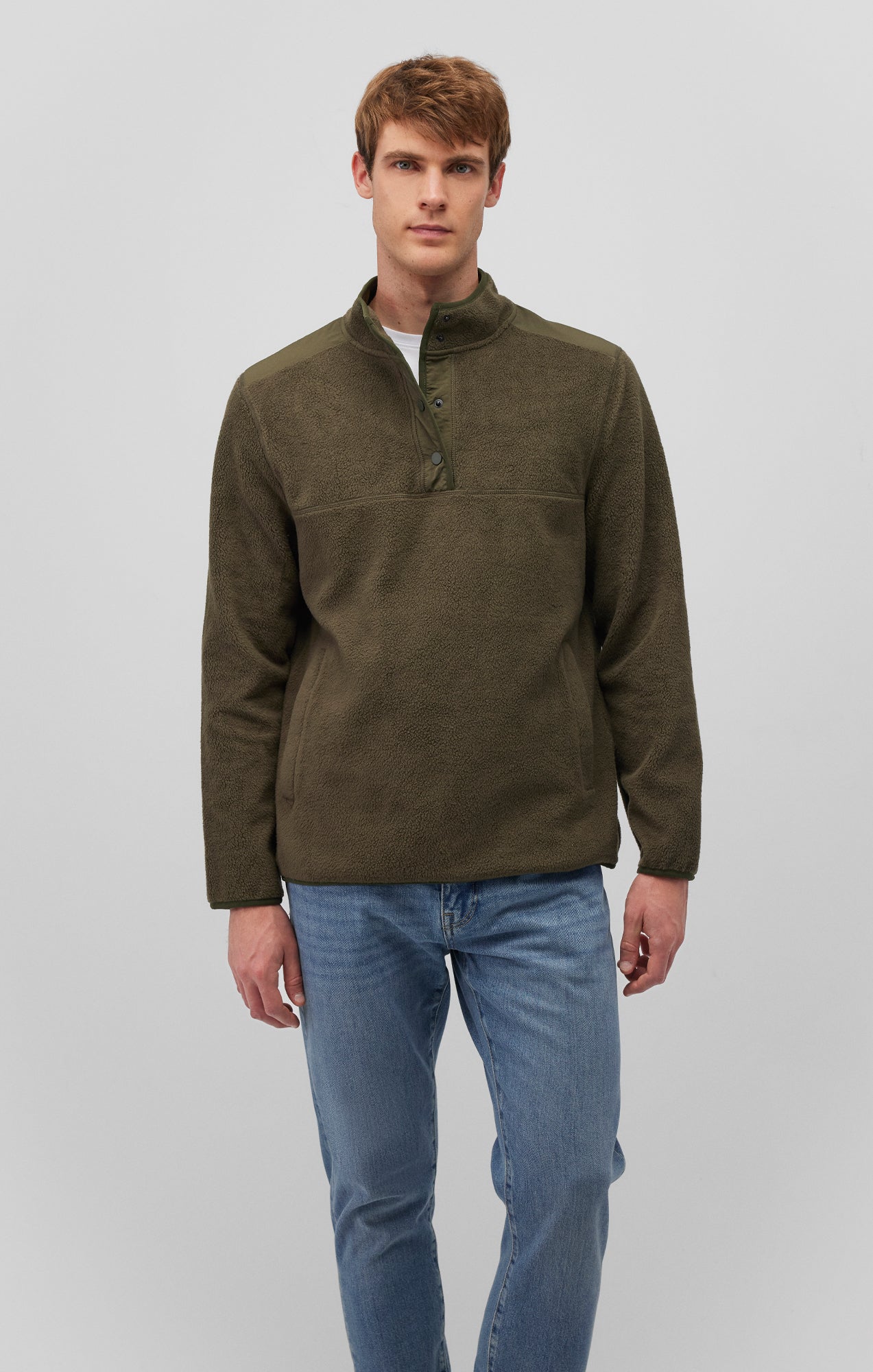 FLEECE BUTTON PULLOVER IN OLIVE NIGHT - Mavi Jeans