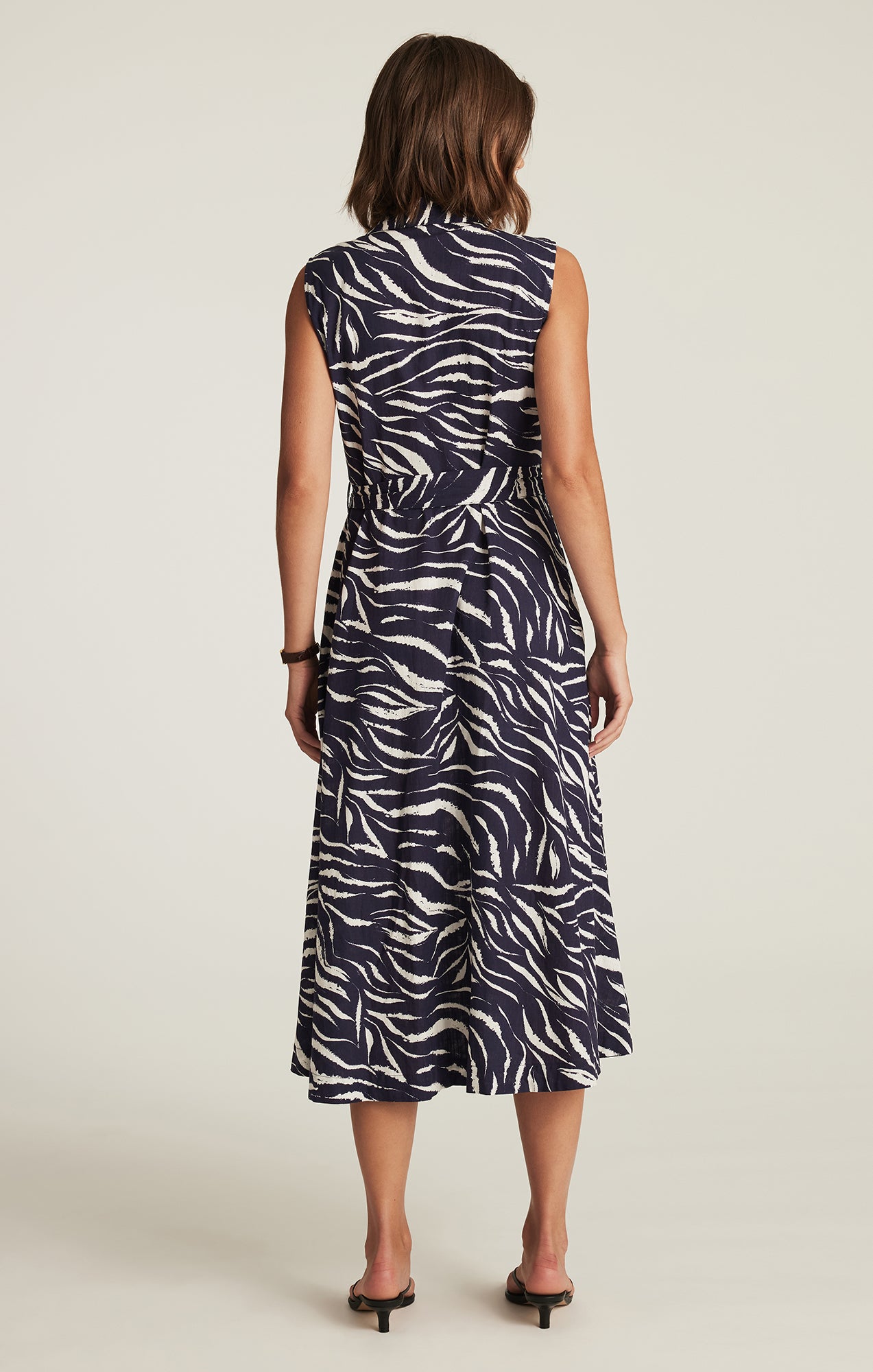 TIE-WAIST MIDI SHIRTDRESS IN DARK NAVY ZEBRA PRINT