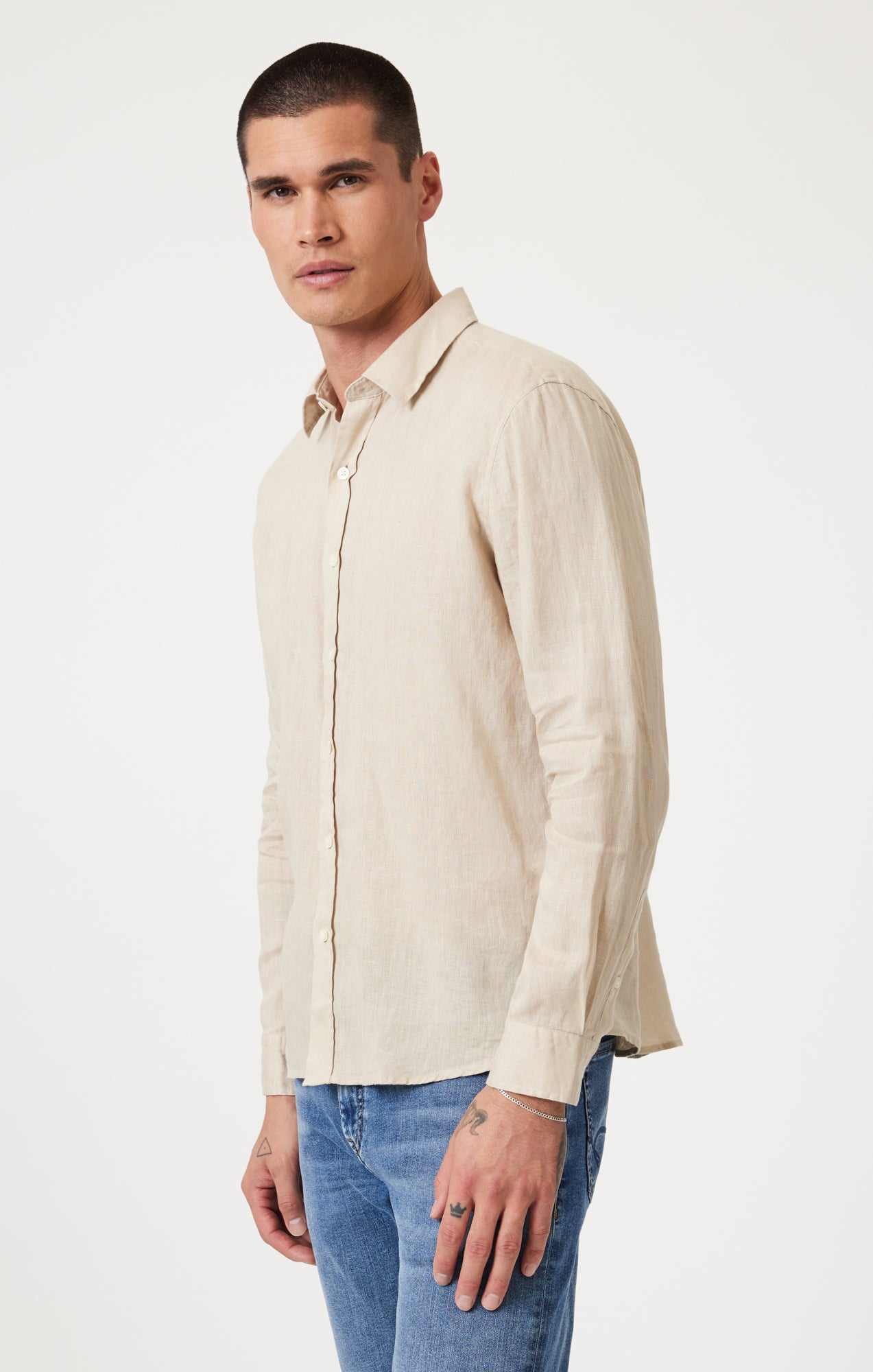 LINEN LONG SLEEVE BUTTON-UP SHIRT IN FEATHER GRAY - Mavi Jeans
