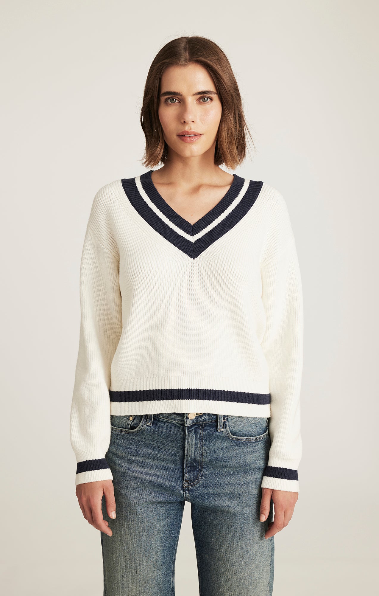VARSITY V-NECK SWEATER IN ANTIQUE WHITE