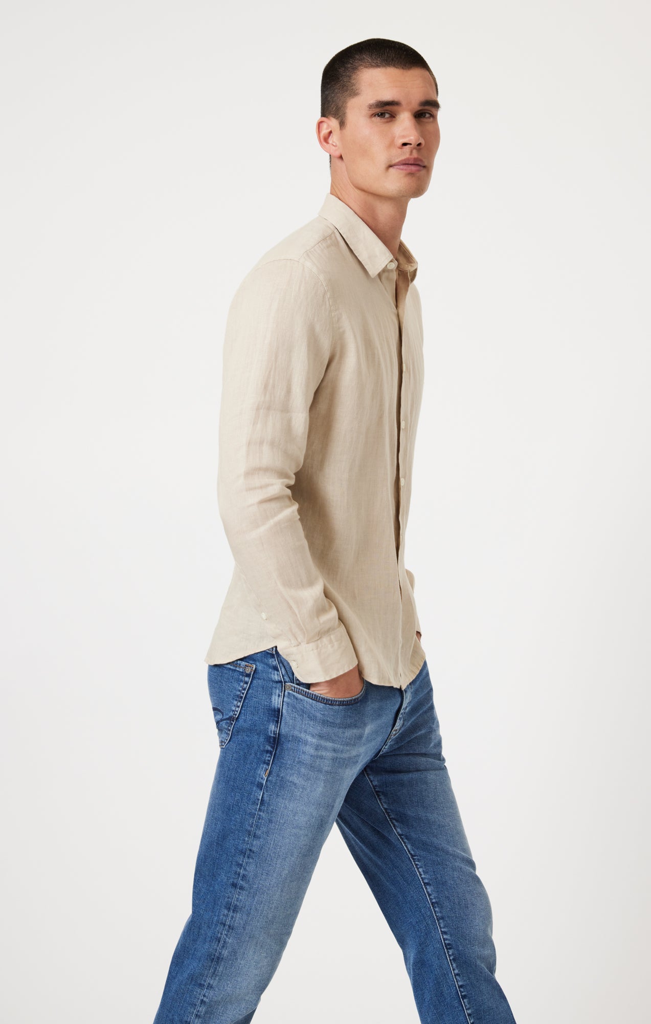 LINEN LONG SLEEVE BUTTON-UP SHIRT IN FEATHER GRAY - Mavi Jeans