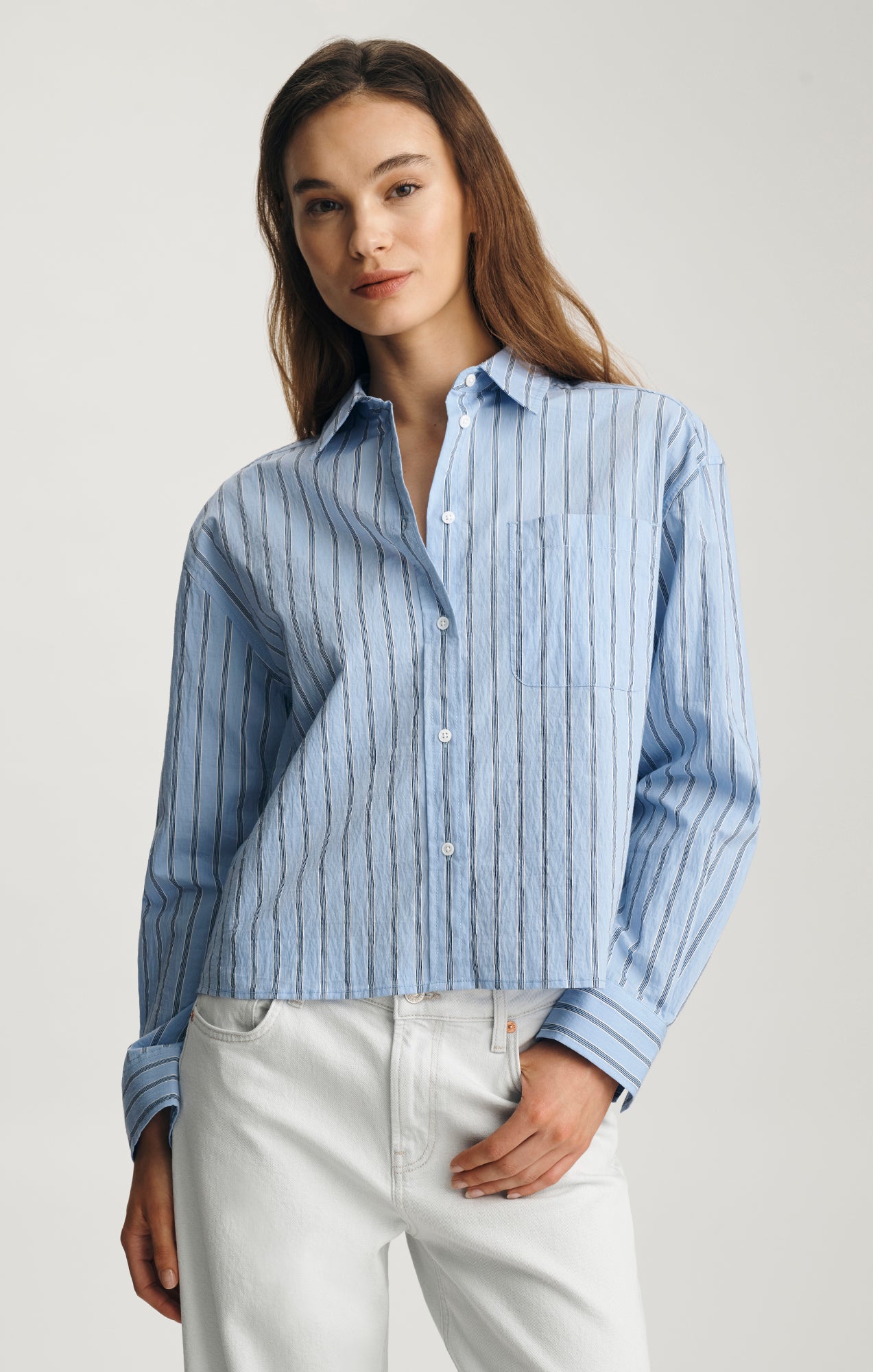 Mavi Women's Cropped One Pocket Button-Up Shirt In Blue Striped