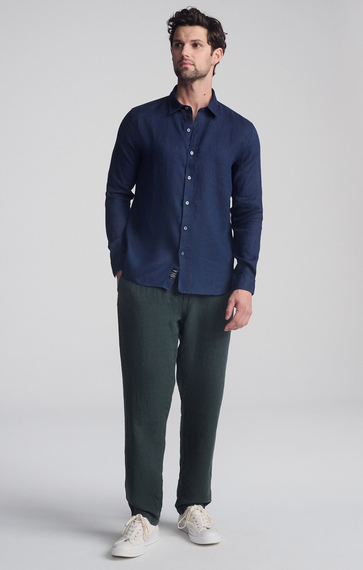 LINEN LONG SLEEVE BUTTON-UP SHIRT IN BLACK IRIS - Mavi Jeans