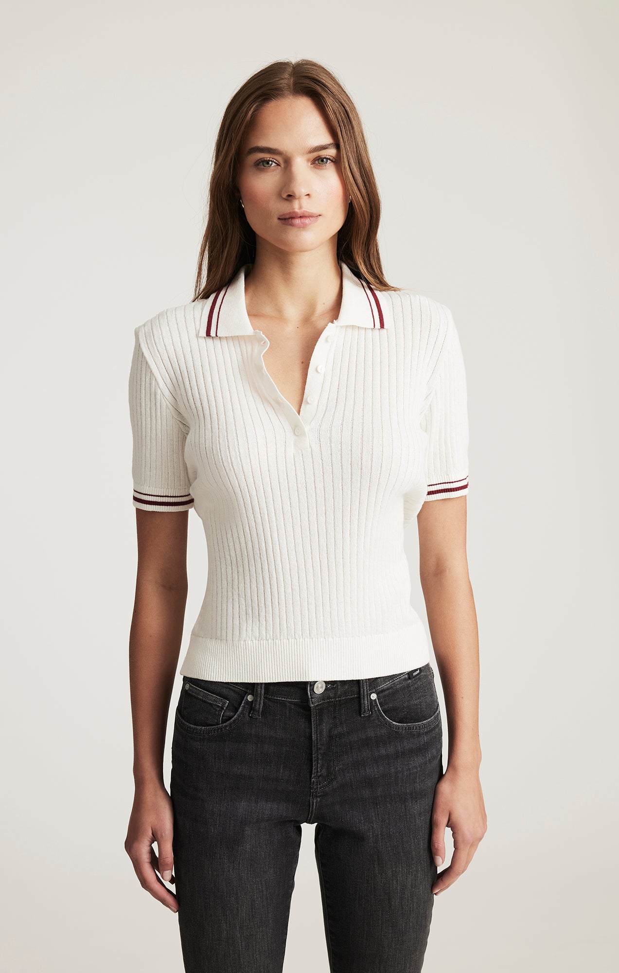 SHORT SLEEVE POLO SWEATER IN ANTIQUE WHITE