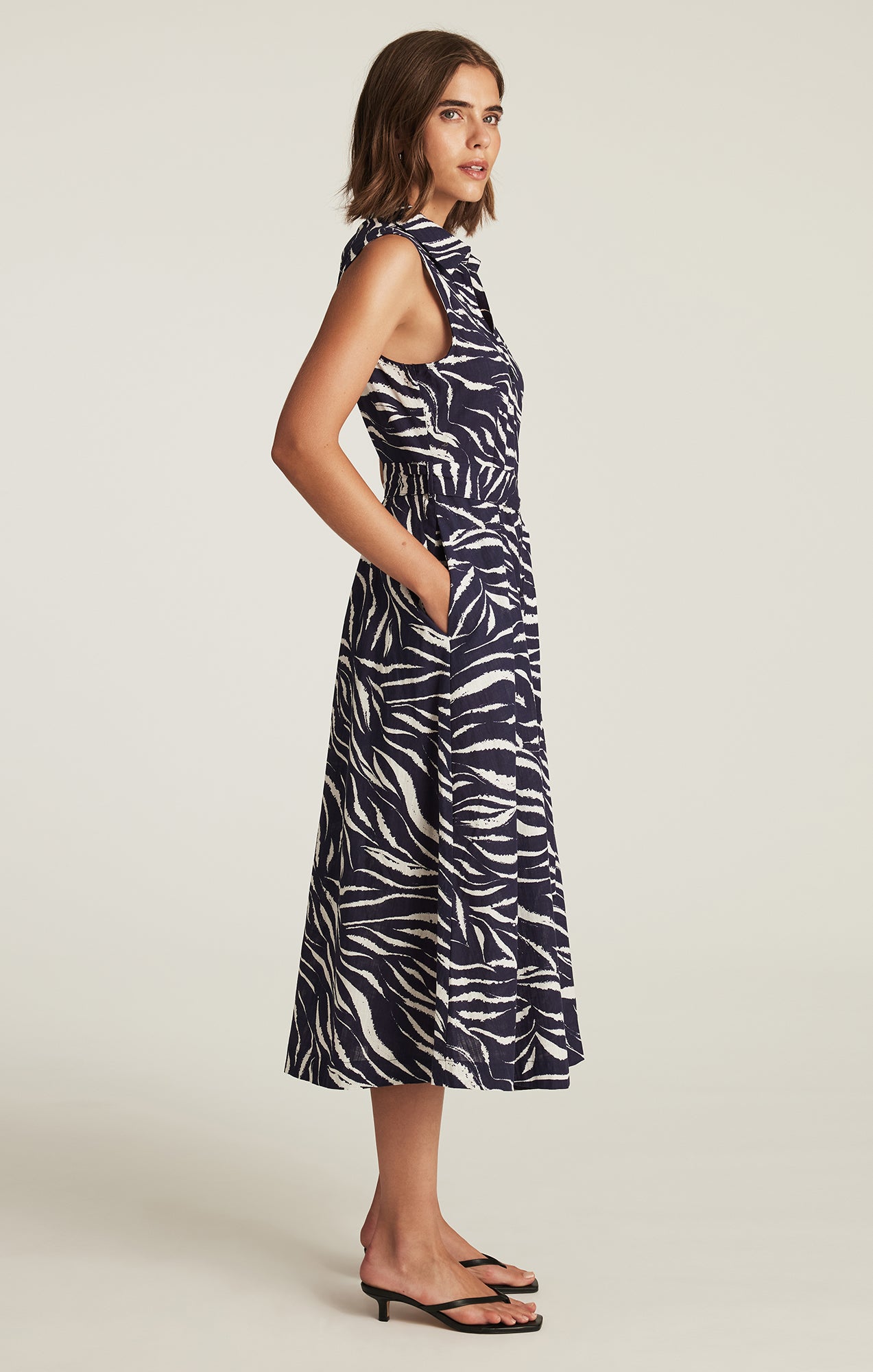 TIE-WAIST MIDI SHIRTDRESS IN DARK NAVY ZEBRA PRINT