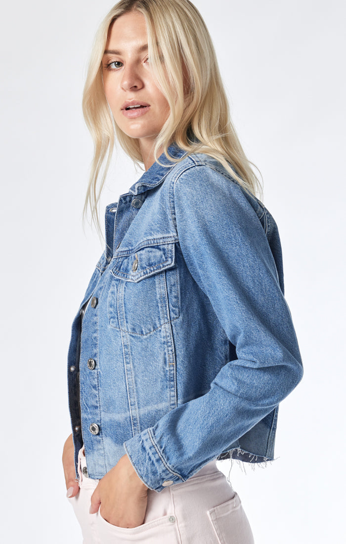 ASOS Denim Jacket With Cut Off Sleeve in Mid Wash