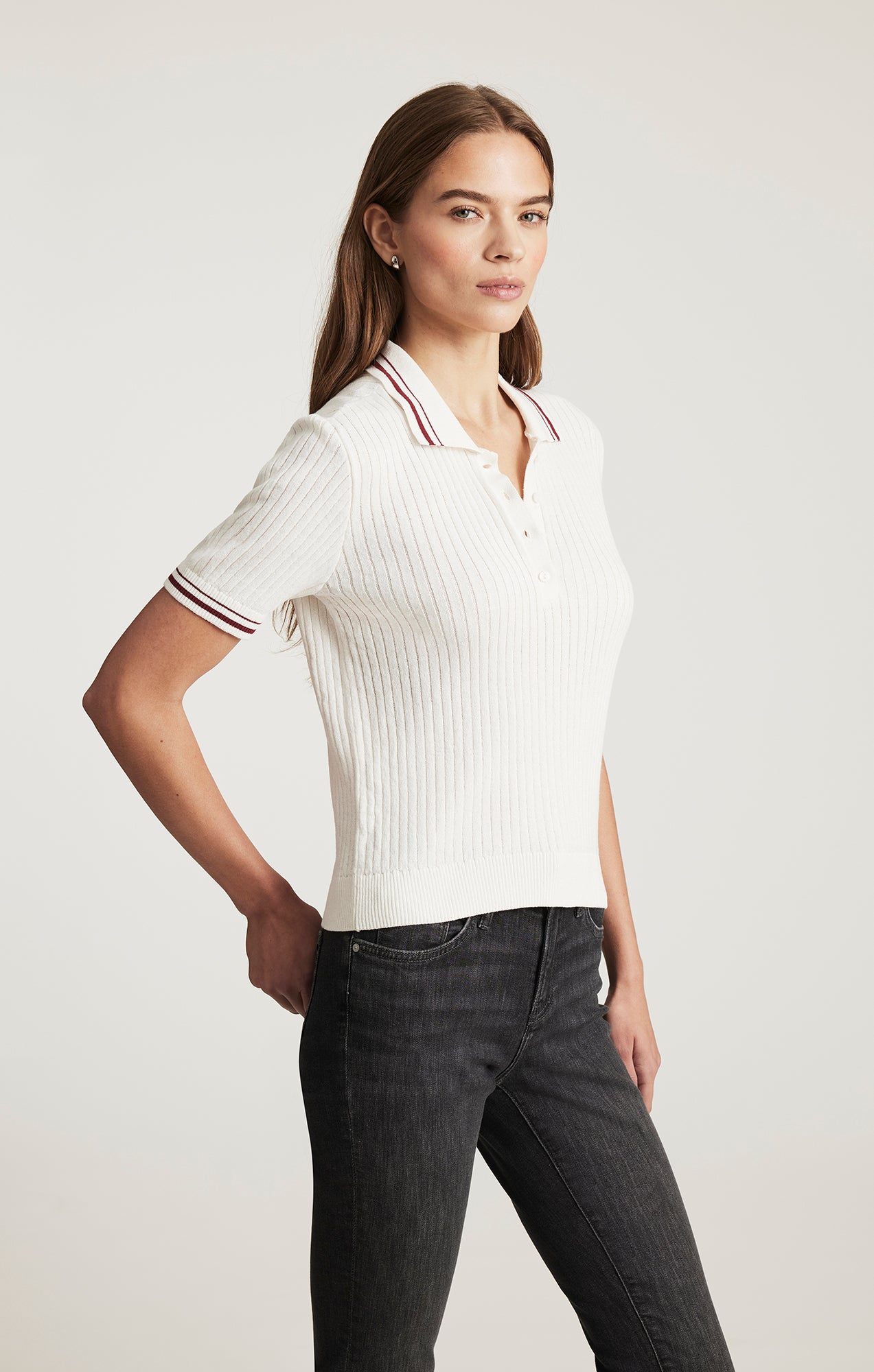 SHORT SLEEVE POLO SWEATER IN ANTIQUE WHITE