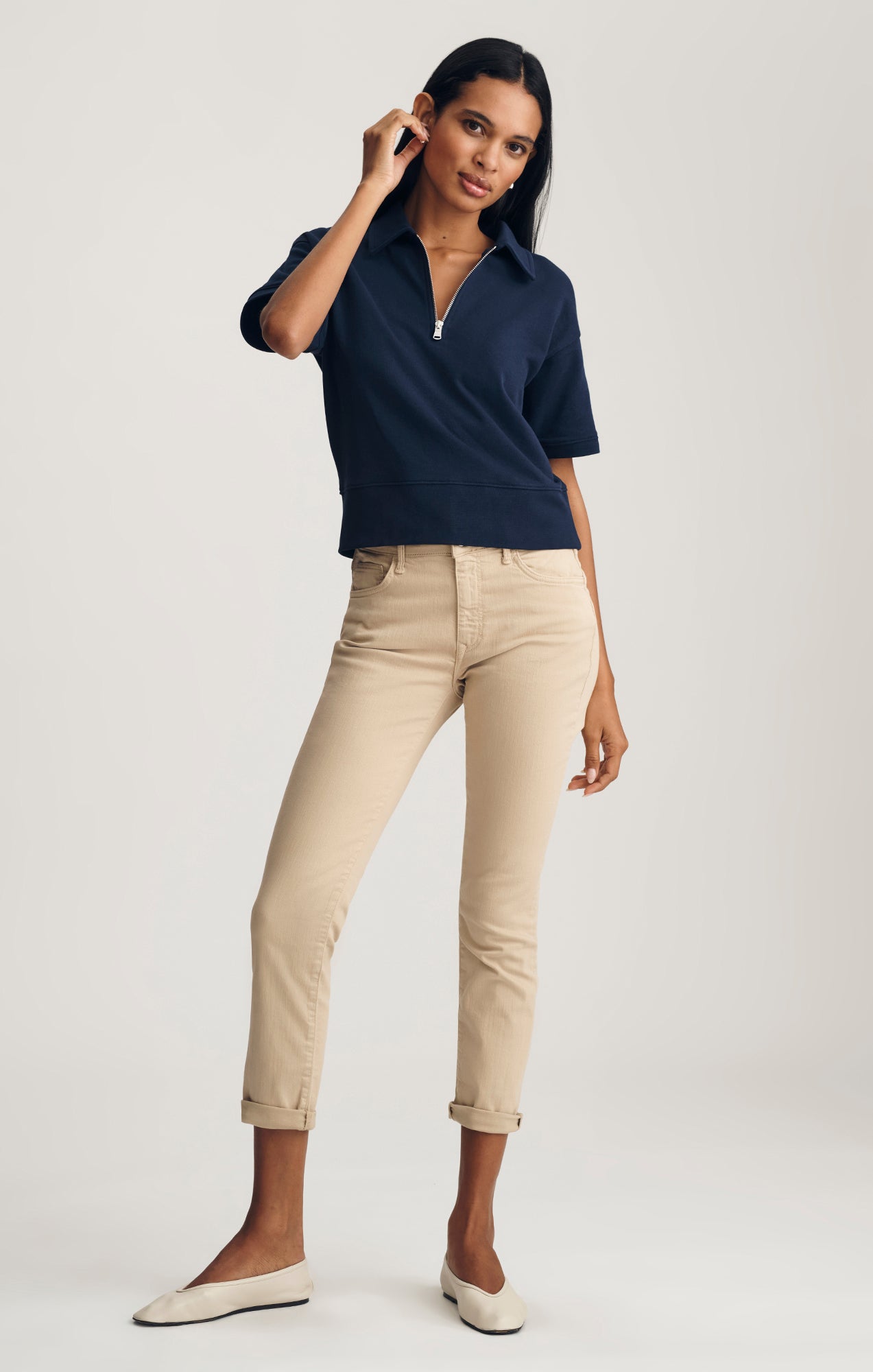 HALF ZIP SHORT SLEEVE SWEATSHIRT IN BLACK IRIS - Mavi Jeans