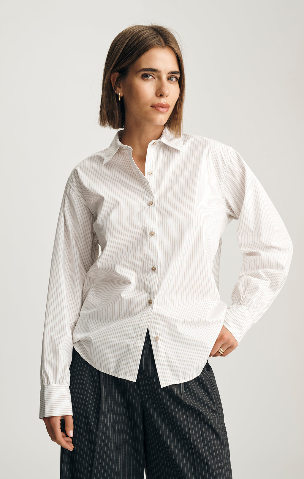 Mavi Women's Long Sleeve Button-Up Shirt In Beige Stripe Mavi Women's Long Sleeve Button-Up Shirt In Beige Stripe