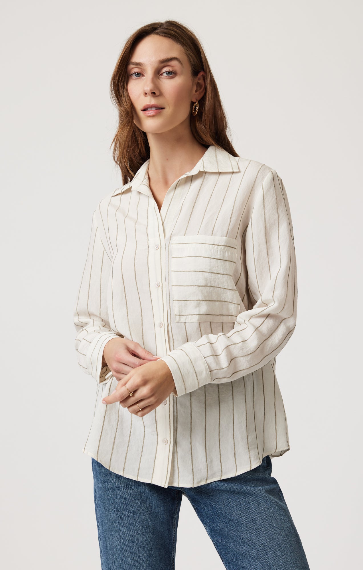 POCKET LONG SLEEVE SHIRT IN KHAKI STRIPE - Mavi Jeans