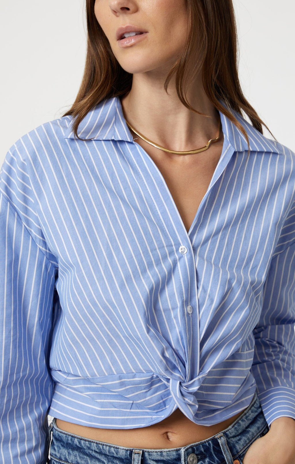 KNOT FRONT LONG SLEEVE SHIRT IN BLUE STRIPED - Mavi Jeans