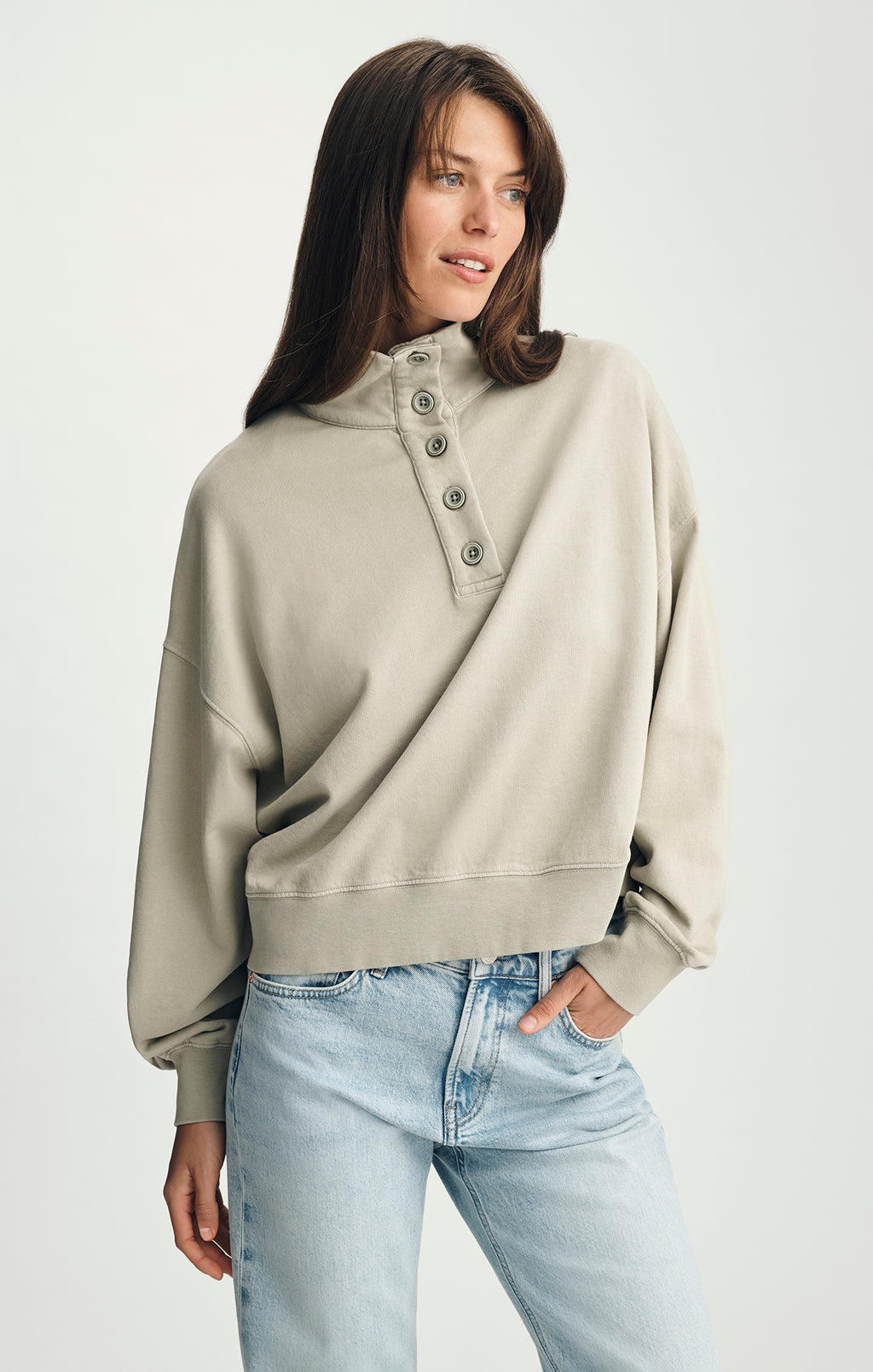 BUTTON-UP FUNNEL NECK SWEATSHIRT IN SEAGRASS - Mavi Jeans