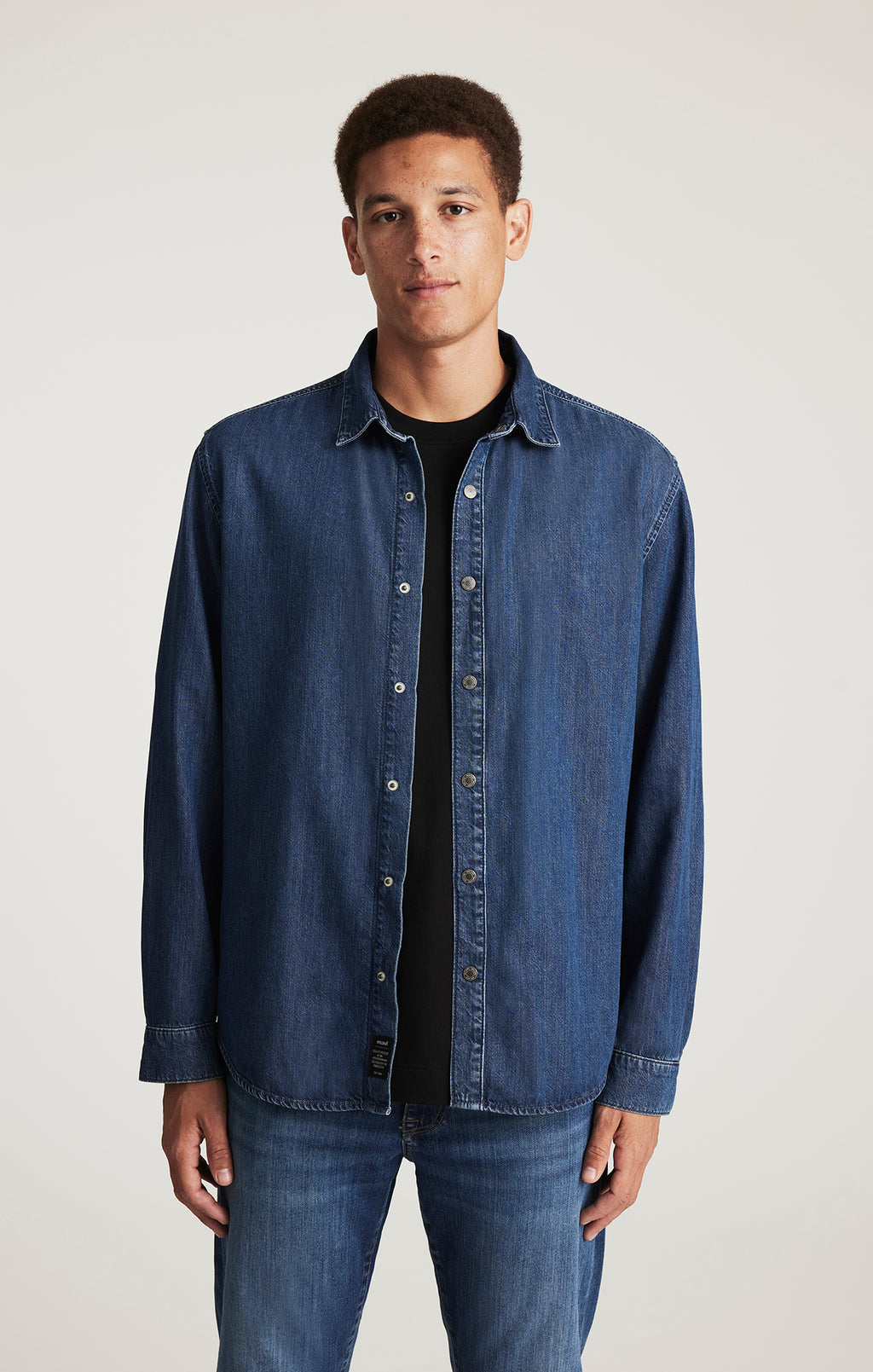 black dress shirt blue jeans Mavi Men's Roy Denim Shirt In Dark Indigo Luxe Black