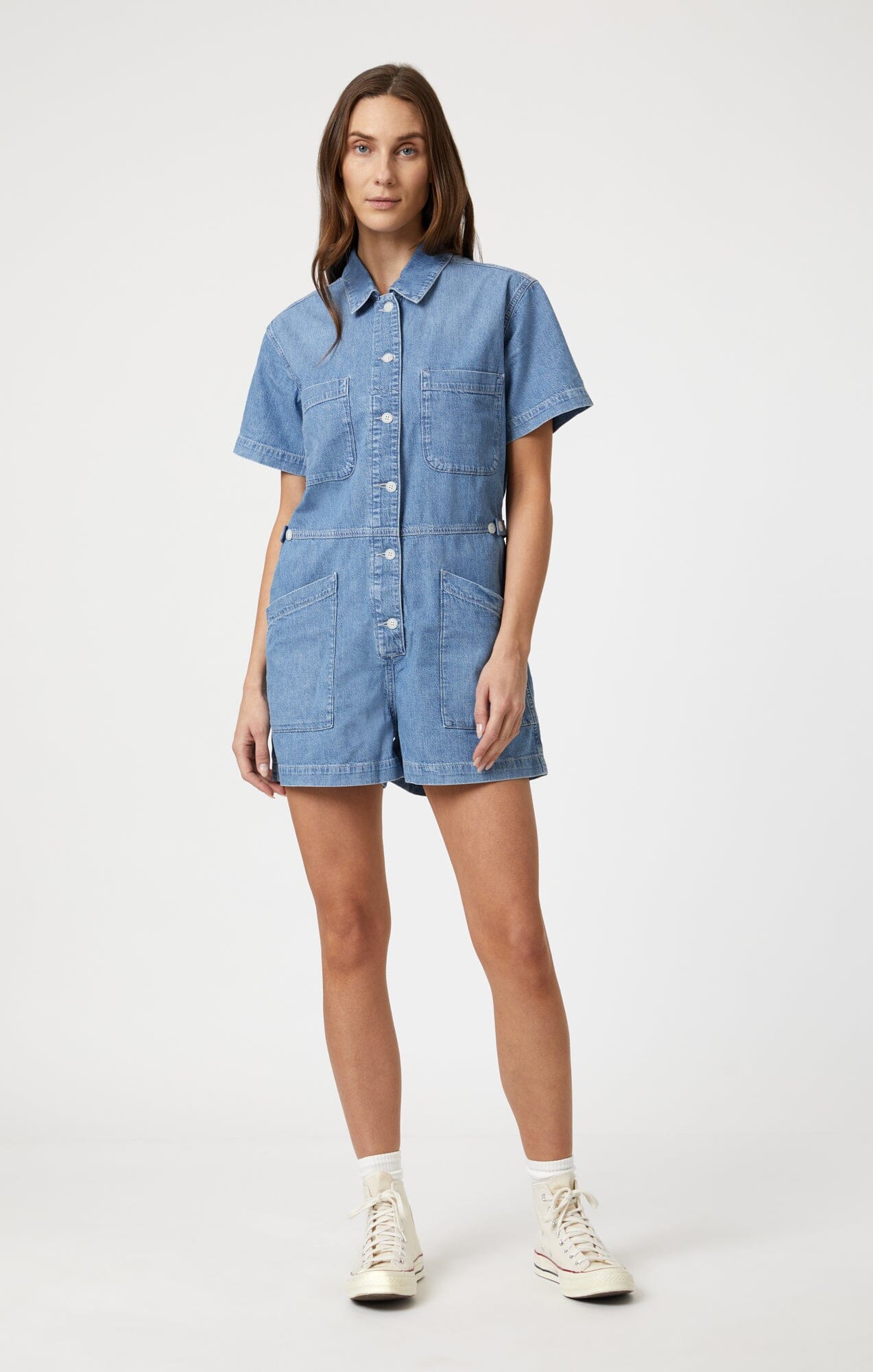 Women's Vintage Denim Jumpsuit Romper - Long Sleeve Button Down Stretchy Cargo Shorts With Pockets, Y2K Style