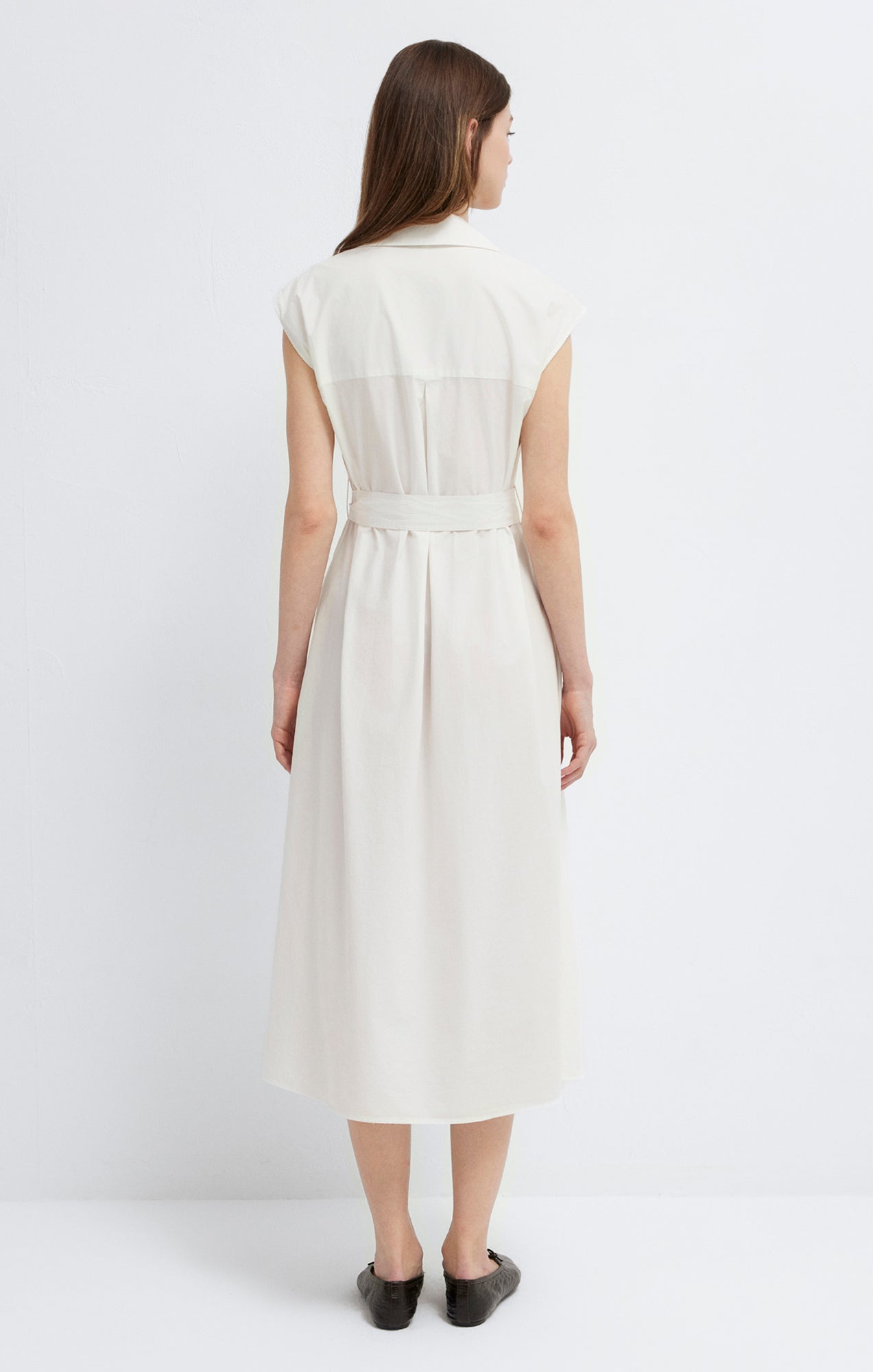 TIE-WAIST MIDI SHIRTDRESS IN ANTIQUE WHITE