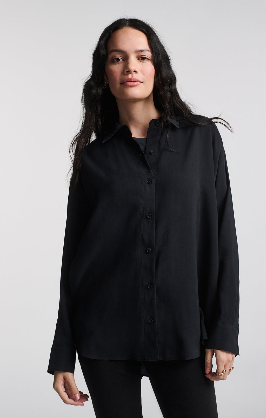 black button up dress shirt womens Wyobmus Women Down Shirts Long Sleeve Basic Business Loose Fitted Classic V Neck Plus Size Work Blouse Tops Black, Women's, Size washed fabric resists shrinkage for lasting quality Women's Black Shirts- Satin &