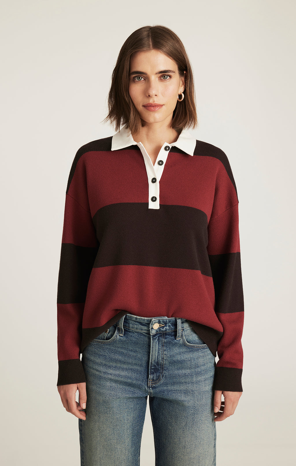 RUGBY POLO SWEATER IN MERLOT STRIPE - Mavi Jeans