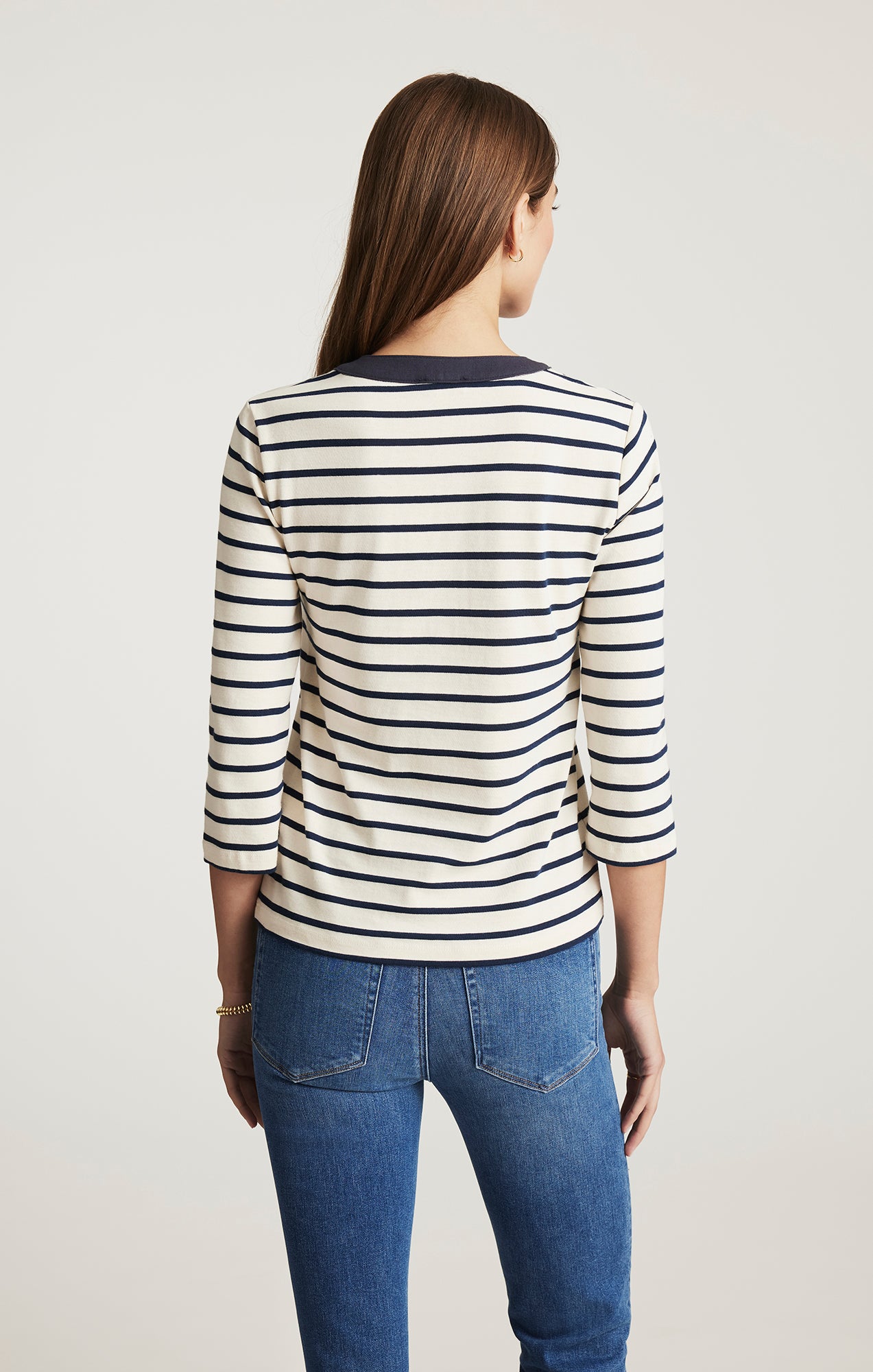 HENLEY QUARTER SLEEVE T-SHIRT IN NAVY BLAZER STRIPE