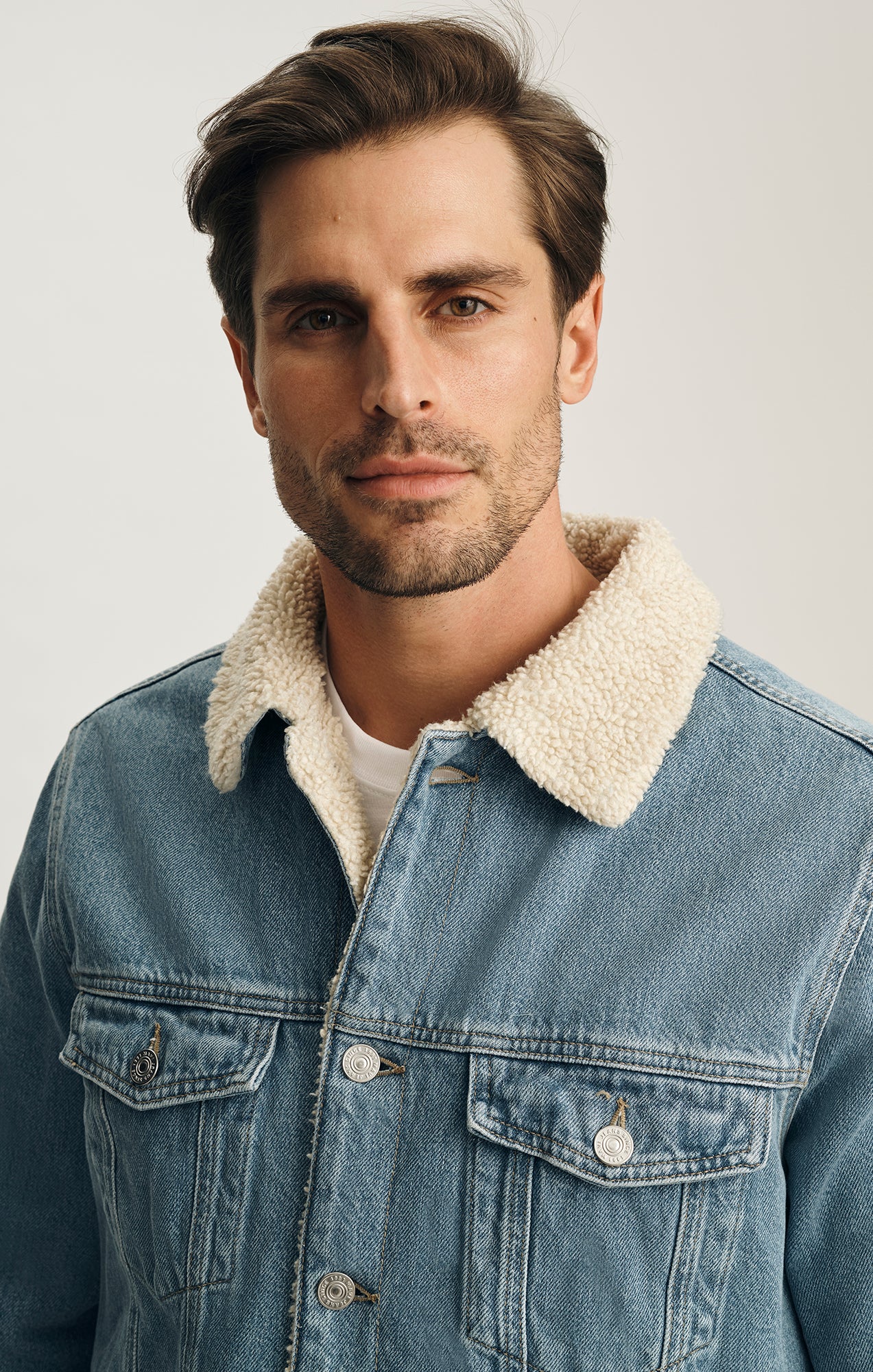 ZANDER SHERPA TRUCKER JACKET IN SKY BLUE SHERPA DENIM