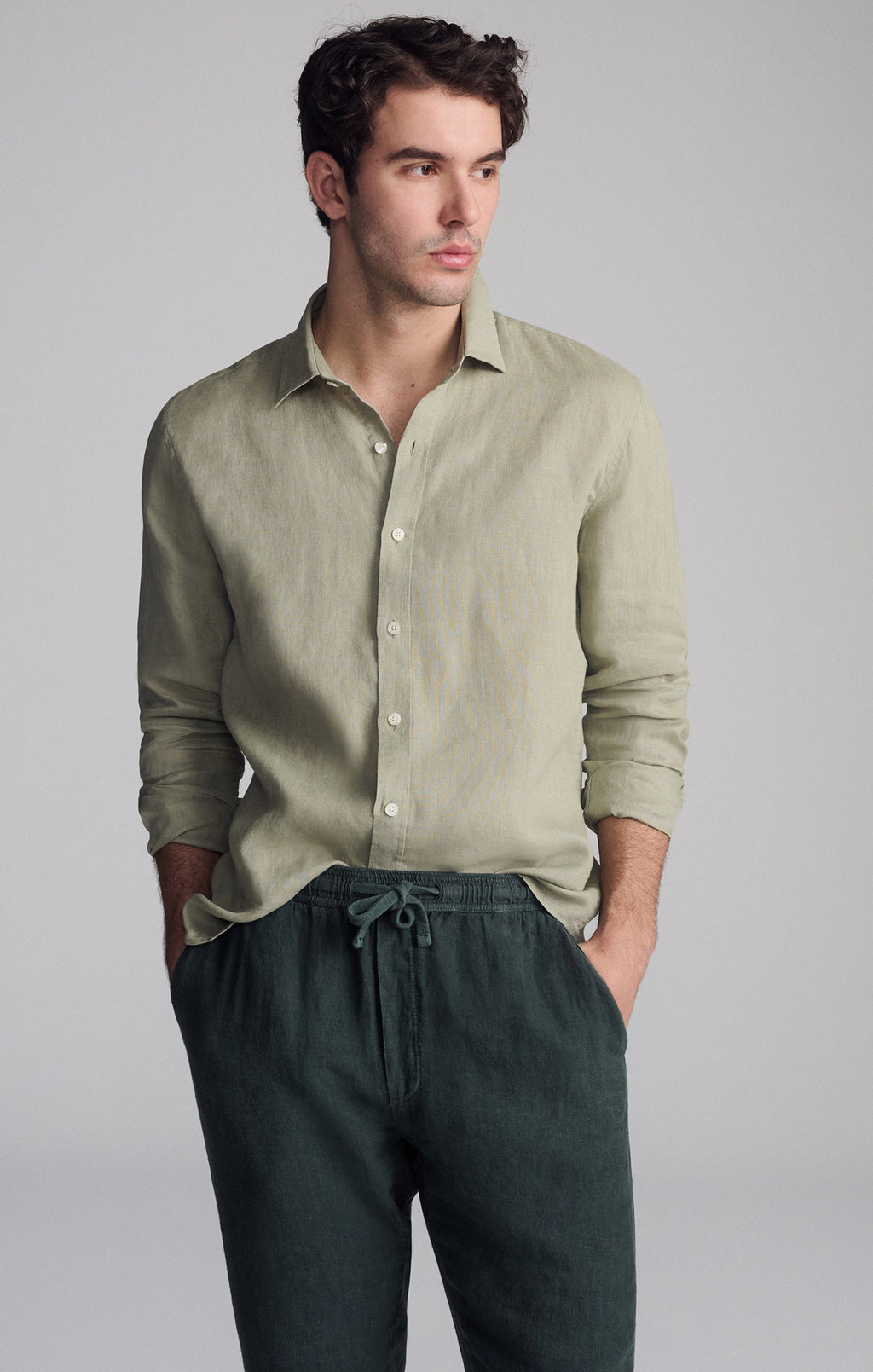 LINEN LONG SLEEVE BUTTON-UP SHIRT IN SEAGRASS - Mavi Jeans