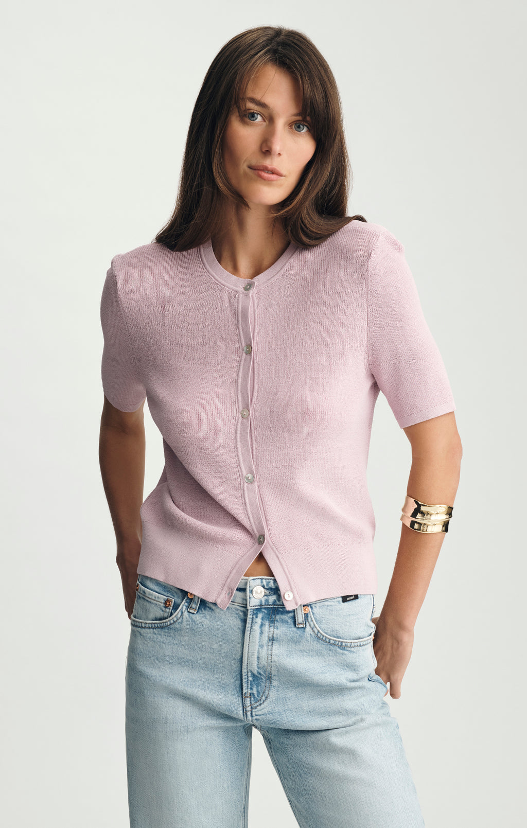SHORT SLEEVE BUTTON-UP SWEATER IN ORCHID HUSH - Mavi Jeans