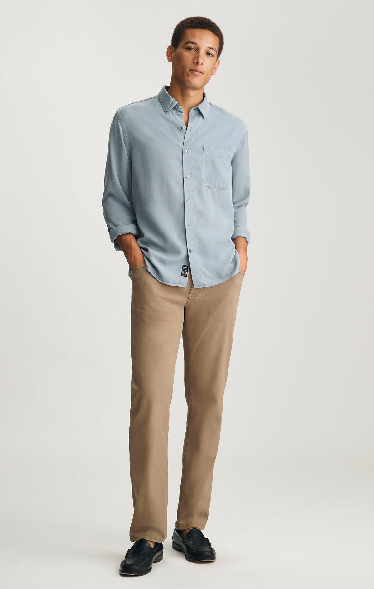 blue dress shirt with khaki pants Mavi Men's Tencel Long Sleeve Button-Up In Tradewinds Neckline: Straight Faux-Wrap Long Formal Prom relaxed profile COLOR:Green Slate