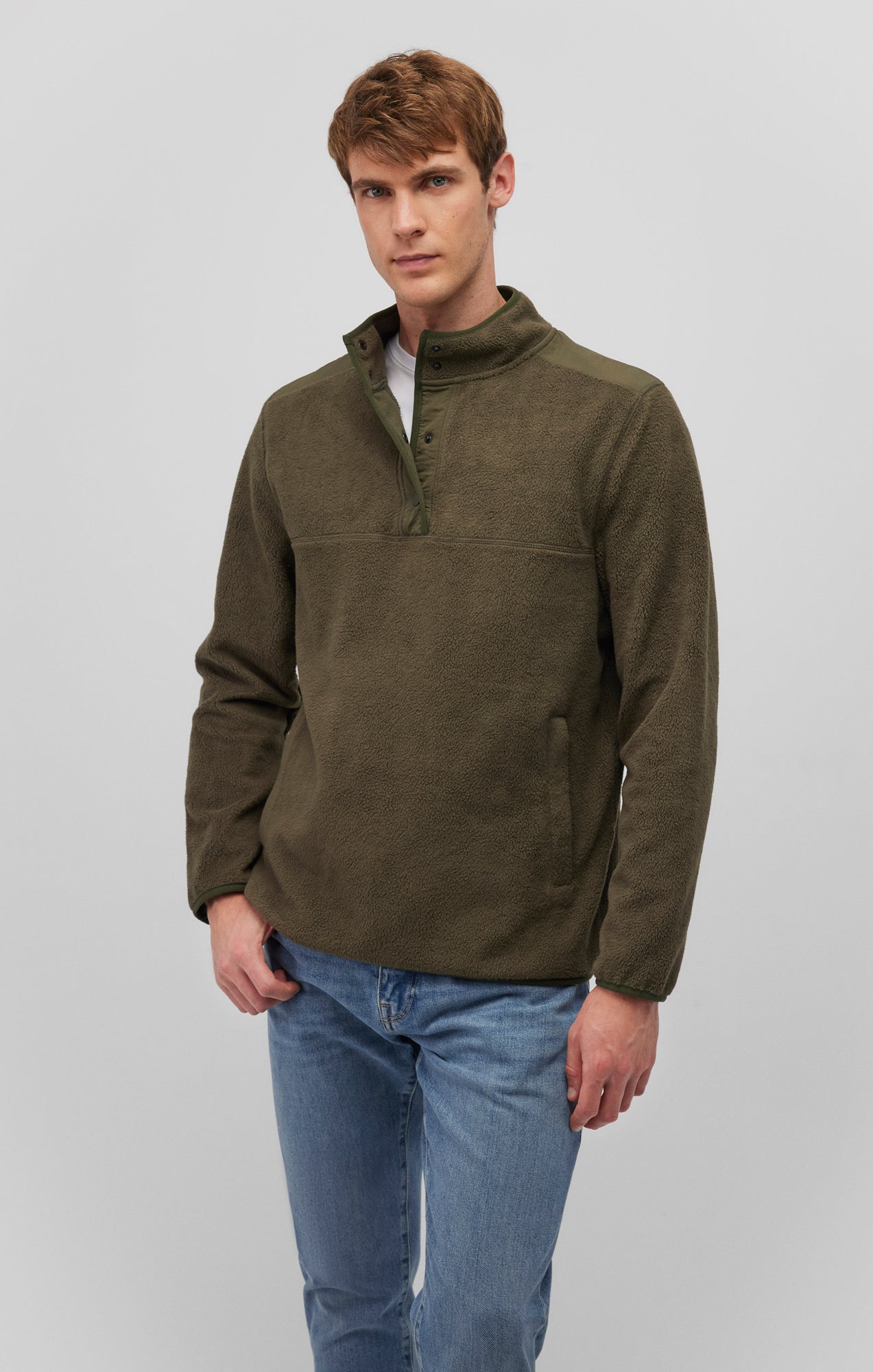 FLEECE BUTTON PULLOVER IN OLIVE NIGHT - Mavi Jeans
