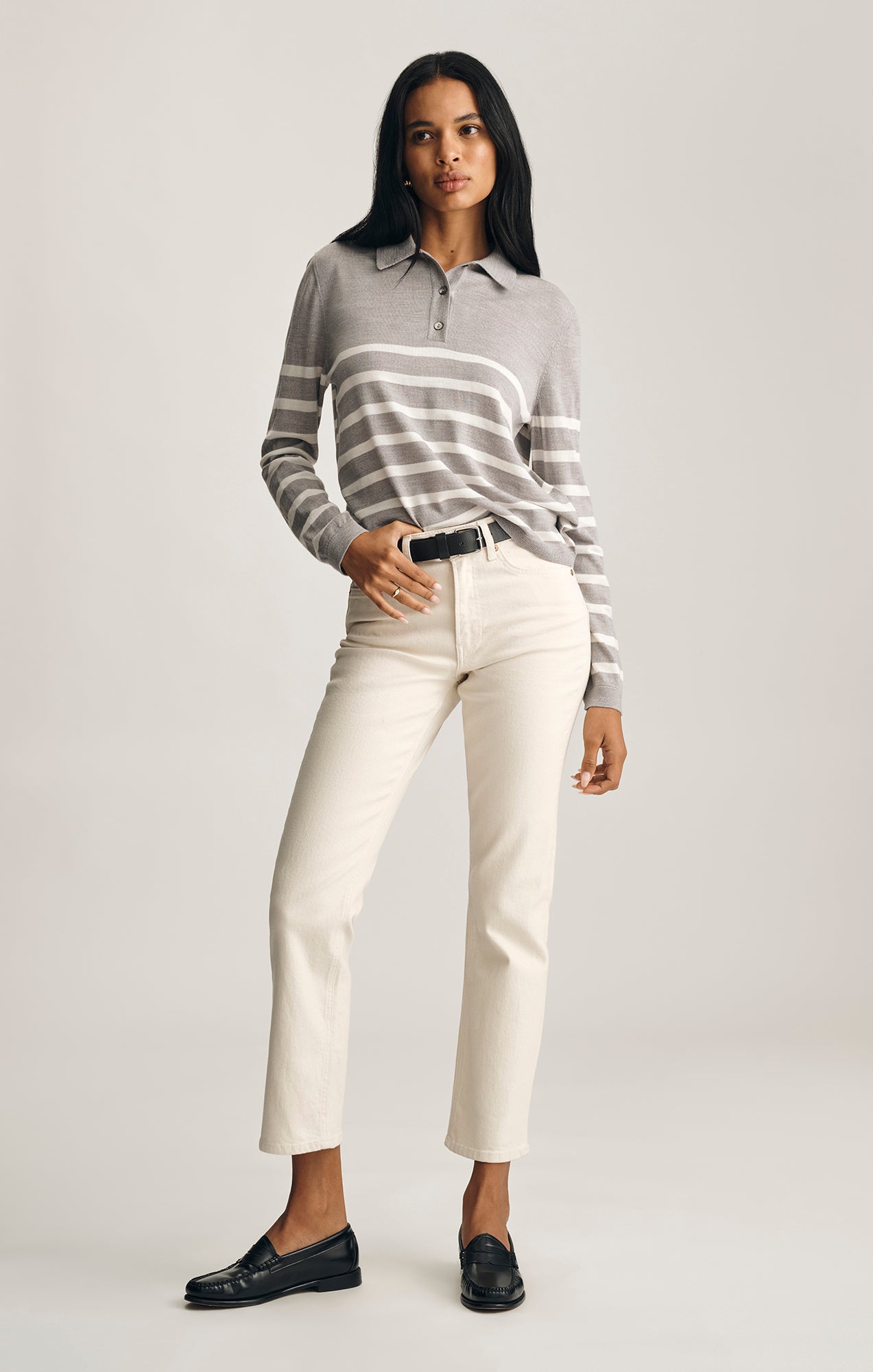 MAVI Women's Edition Merino Wool Polo Sweater in Light Grey Melange Stripe MAVI Women's Edition Merino Wool Polo Sweater in Light Grey Melange Stripe