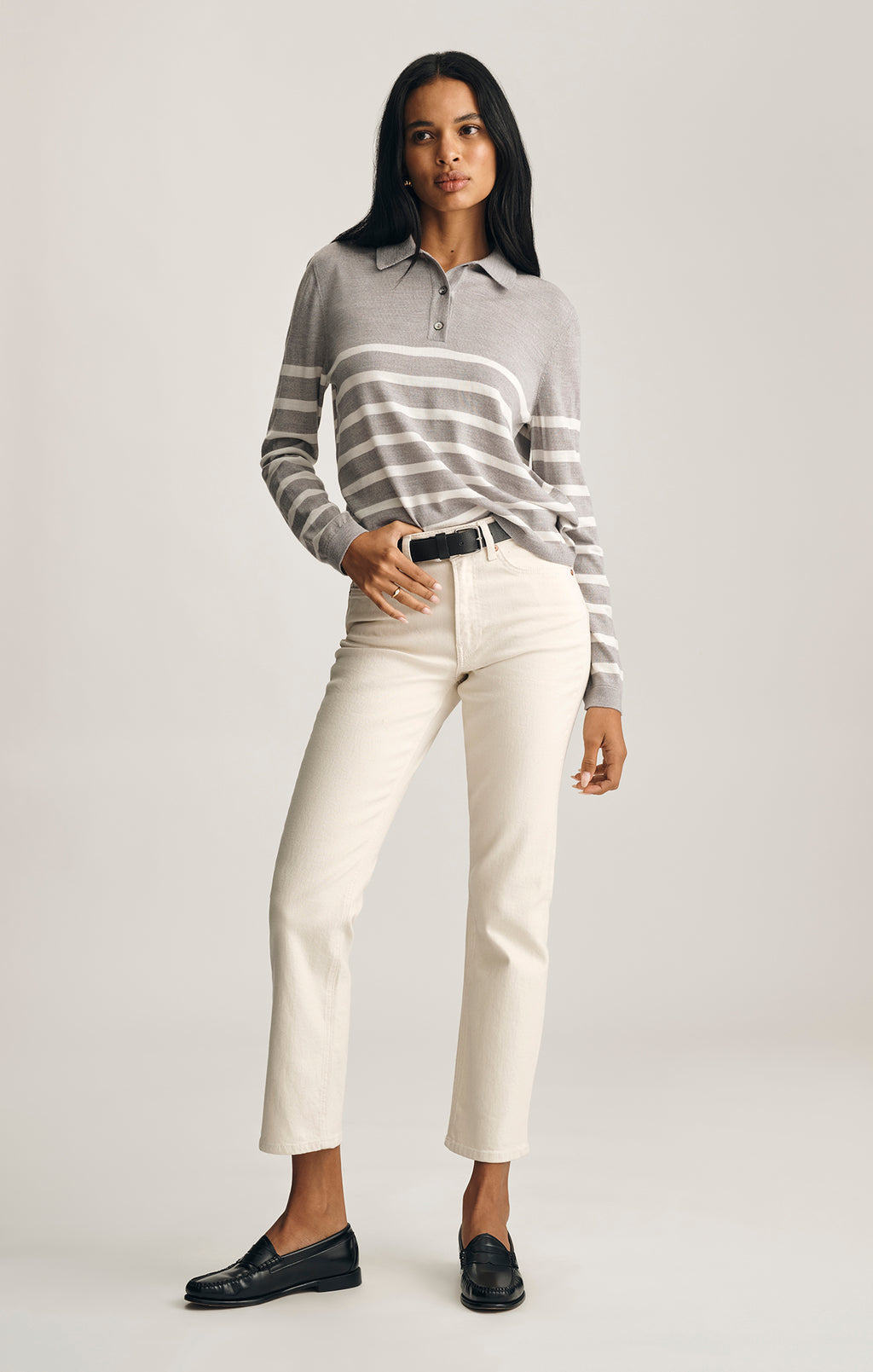 EDITION WOOL POLO SWEATER IN LIGHT GREY MELANGE STRIPE