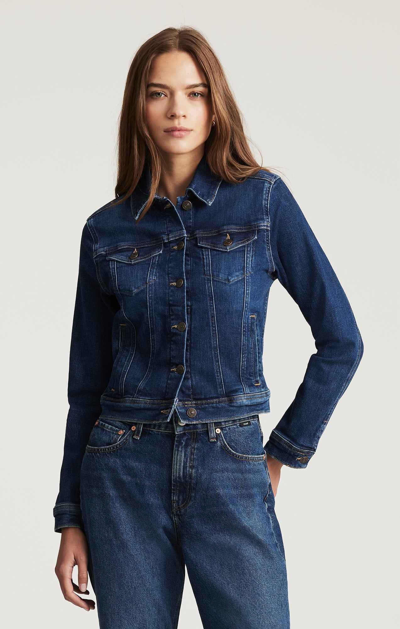 CECILIA DENIM JACKET IN DARK BRUSHED FLEX BLUE