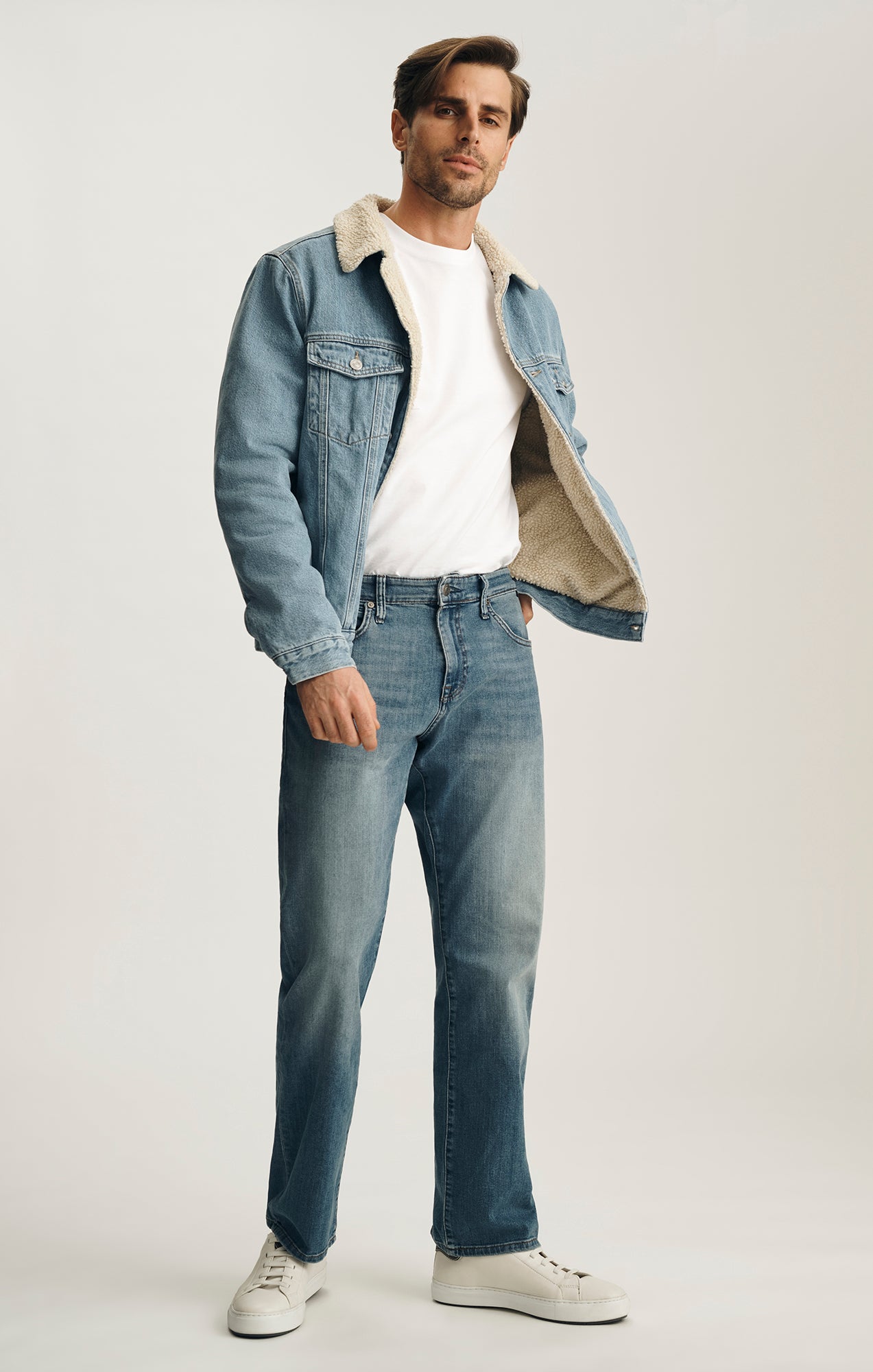 ZANDER SHERPA TRUCKER JACKET IN SKY BLUE SHERPA DENIM