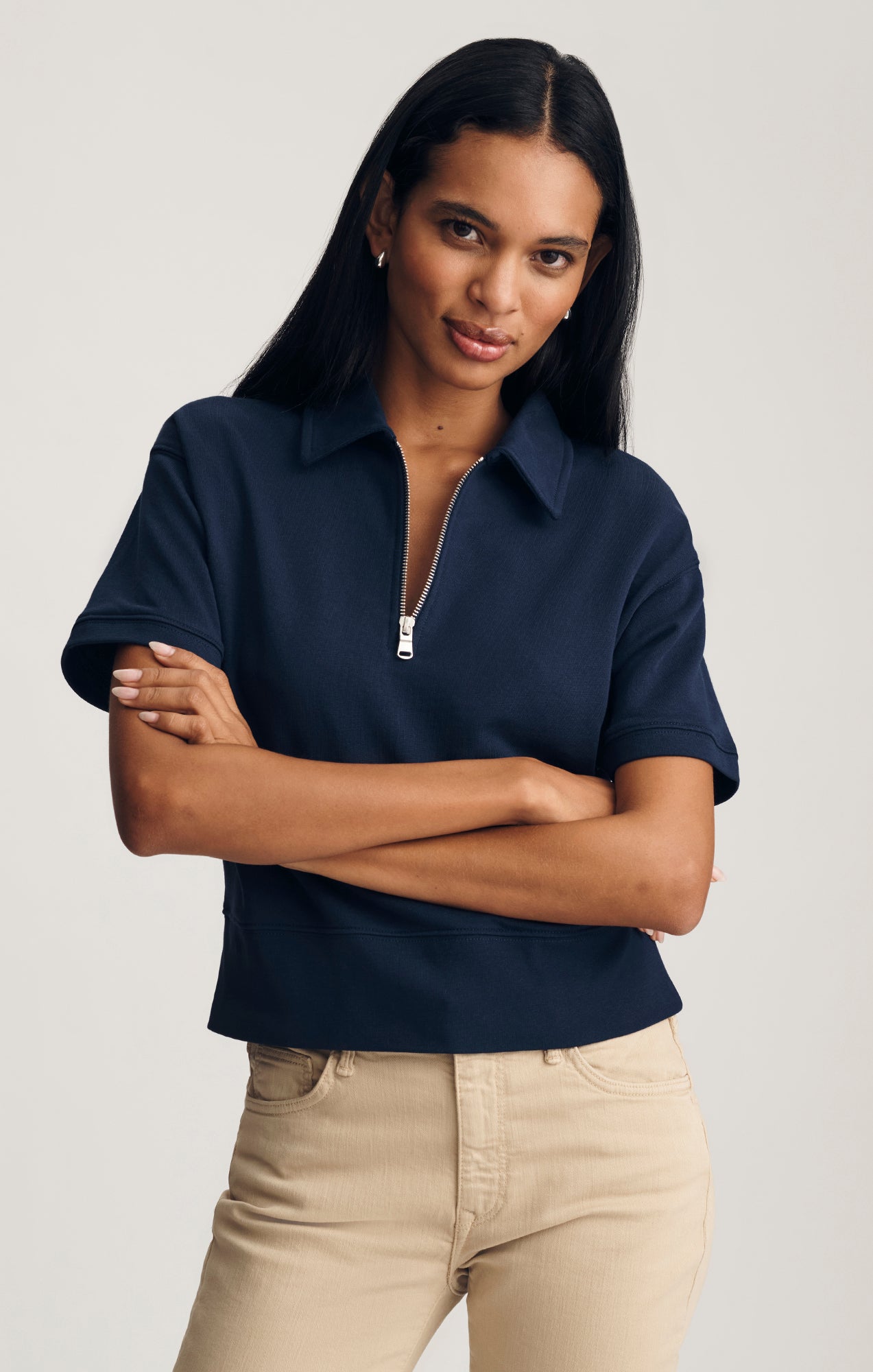 HALF ZIP SHORT SLEEVE SWEATSHIRT IN BLACK IRIS - Mavi Jeans