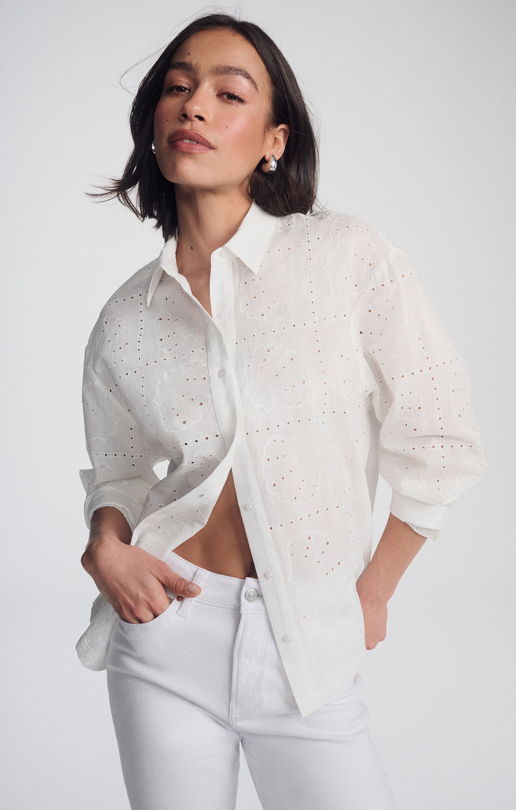 EYELET BUTTON-UP SHIRT IN WHITE - Mavi Jeans