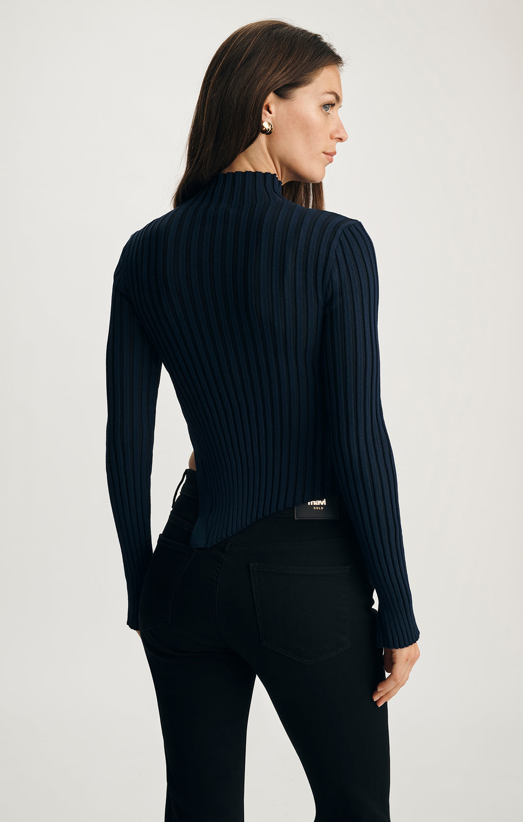 ASYMMETRICAL MOCK NECK SWEATER IN BLACK IRIS