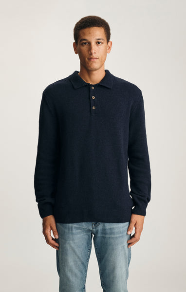 Mavi Men's Edition Wool Long Sleeve Polo Sweater In Total Eclipse