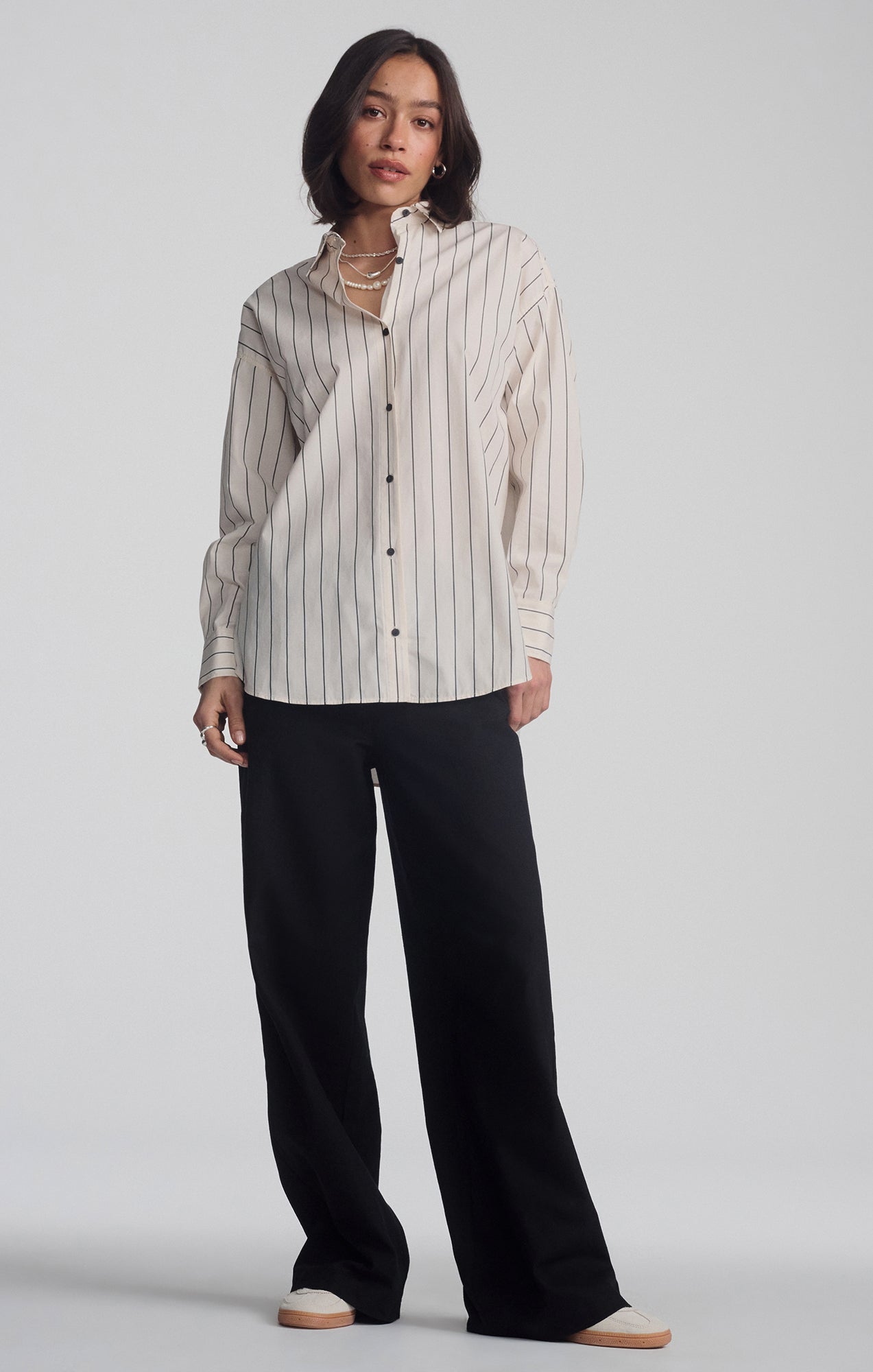 'mpje(  OVER THE STRIPS リバーシブル MA-1 Mavi Women's Long Sleeve Button-Up Shirt In Antrasit Stripe