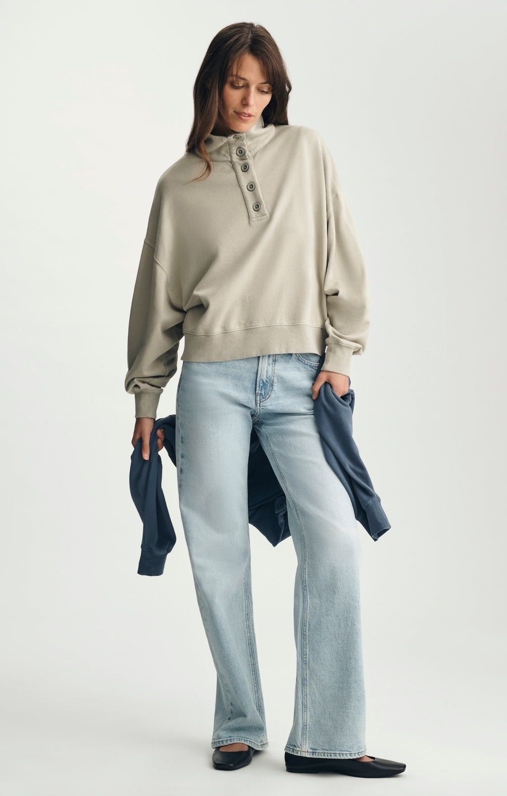 BUTTON-UP FUNNEL NECK SWEATSHIRT IN SEAGRASS - Mavi Jeans