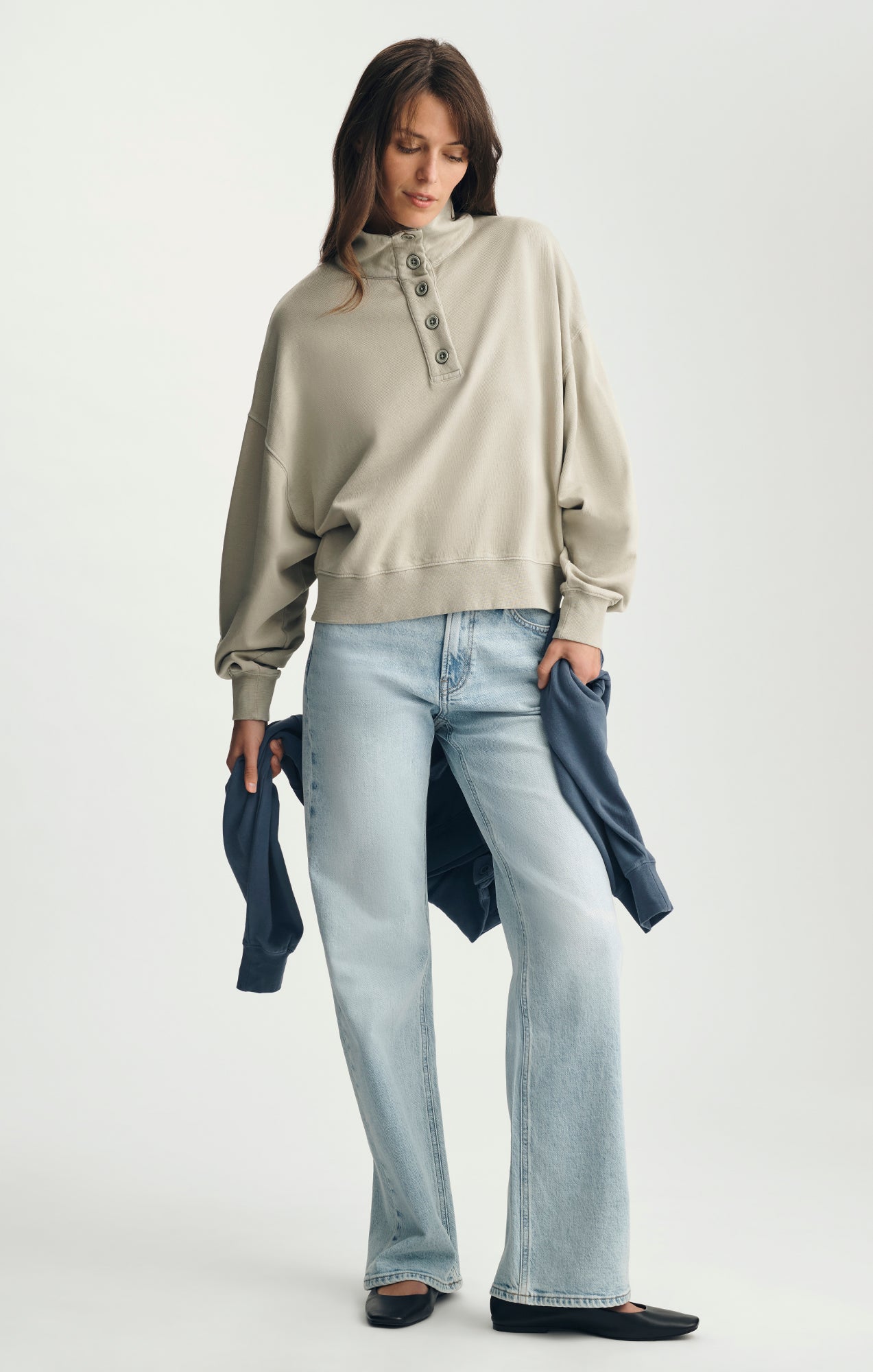 BUTTON-UP FUNNEL NECK SWEATSHIRT IN SEAGRASS - Mavi Jeans