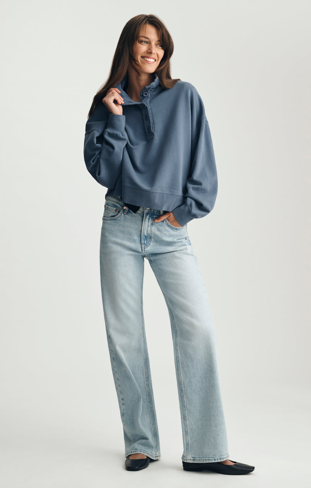 BUTTON-UP FUNNEL NECK SWEATSHIRT IN BLUE INDIGO - Mavi Jeans