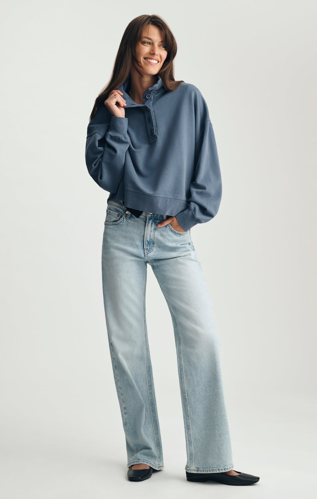 BUTTON-UP FUNNEL NECK SWEATSHIRT IN BLUE INDIGO - Mavi Jeans