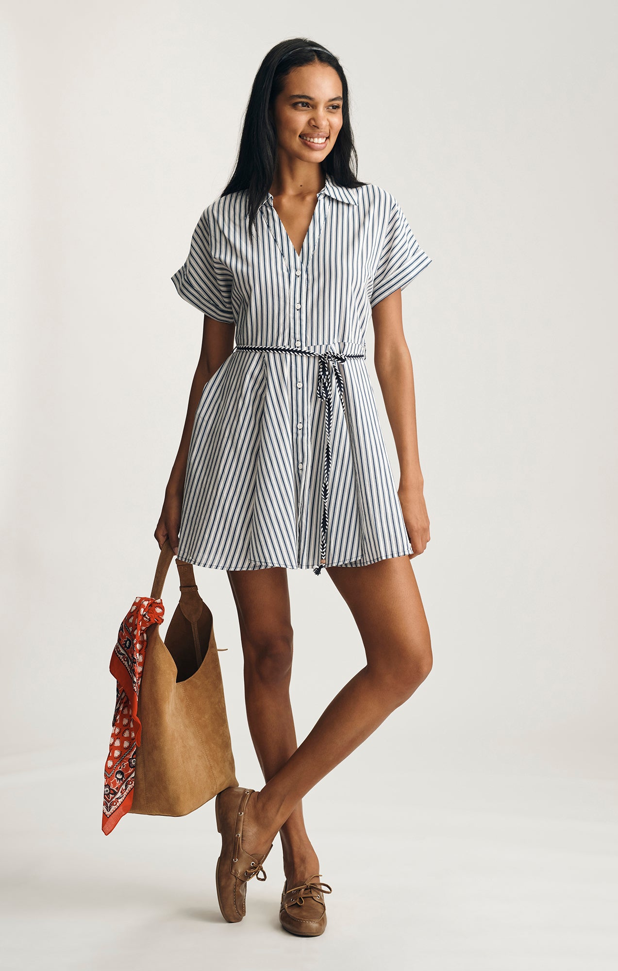 TIE-WAIST MINI SHIRTDRESS IN NAVY STRIPE PRINT - Mavi Jeans