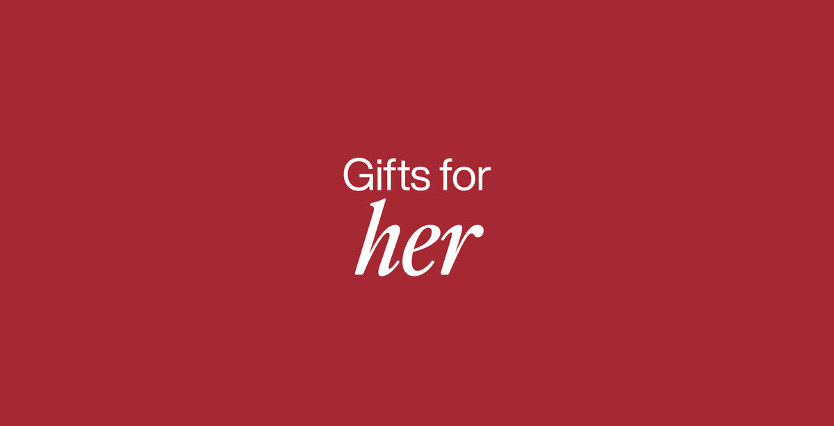 A solid dark red square graphic with centered white text reading 'Gifts for her'.
