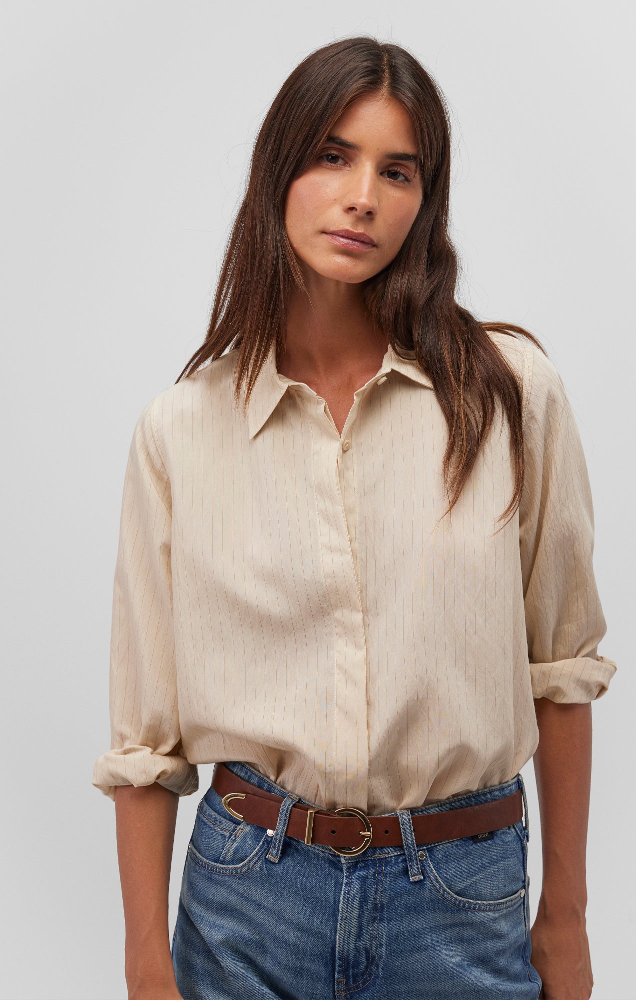 LONG SLEEVE BUTTON-UP SHIRT IN COCONUT MILK STRIPE - Mavi Jeans