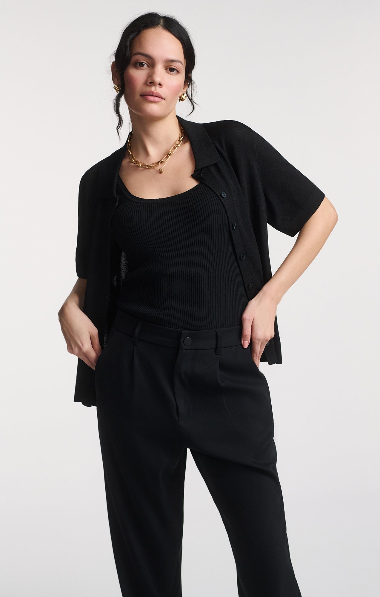 SHORT SLEEVE POLO CARDIGAN IN BLACK - Mavi Jeans