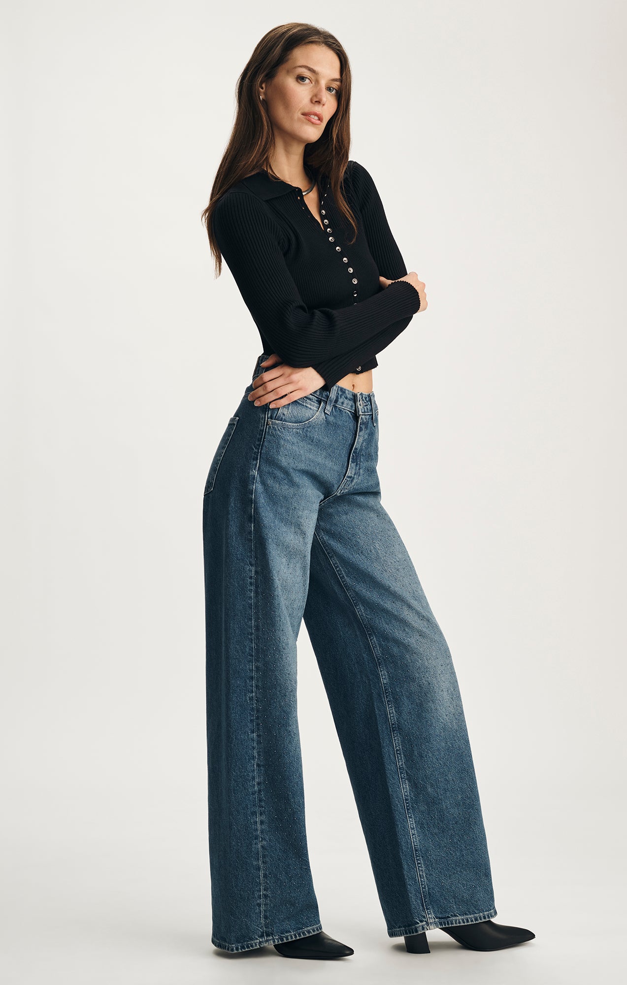 SIENA WIDE LEG IN MID BLUE EMBELLISHED DENIM