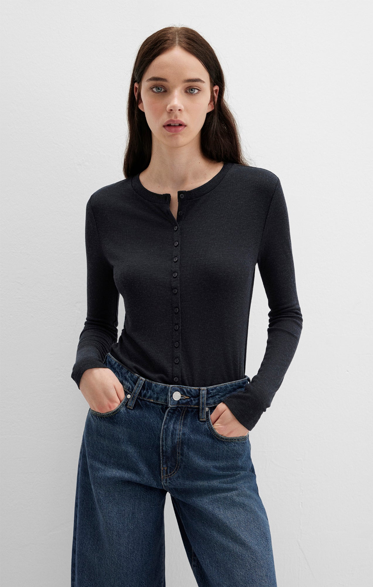 EDITION BUTTON-UP LONG SLEEVE T-SHIRT IN ANTHRACITE - Mavi Jeans
