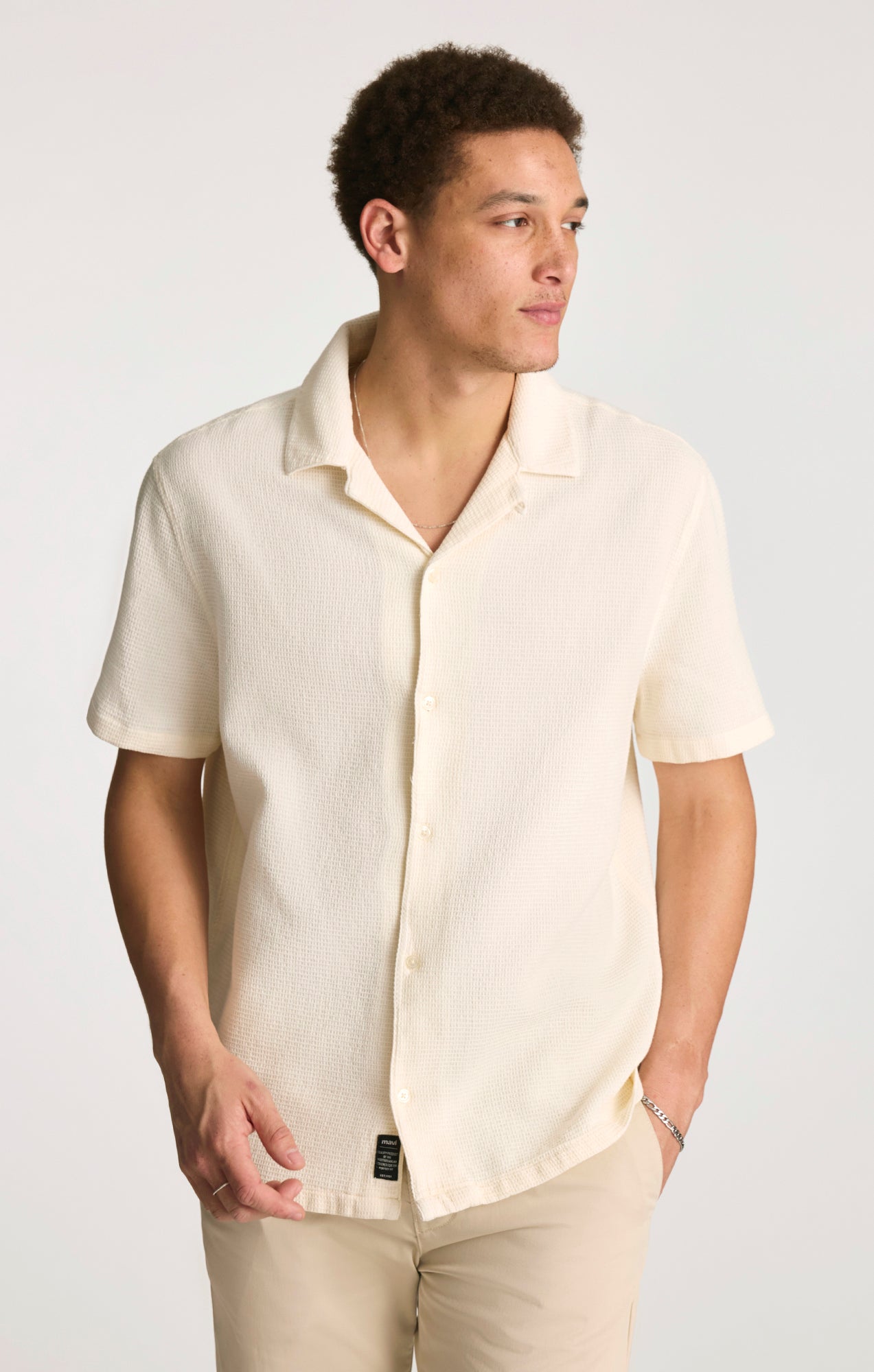 WAFFLE KNIT CAMP COLLAR SHIRT IN ANTIQUE WHITE - Mavi Jeans